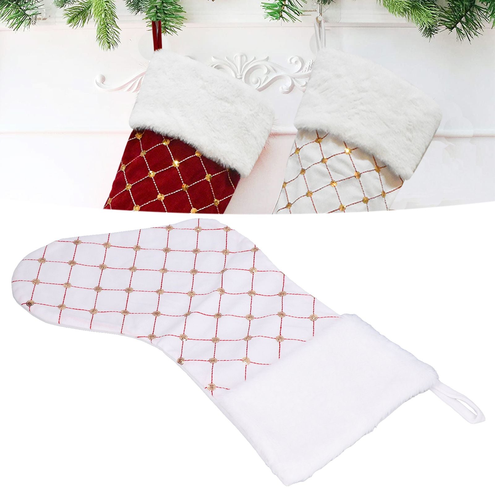 Christmas Stocking Gift Bag Gold Sequins Christmas Tree Ornament Hanging Stocking for Festival Fireplace DecorationWhite