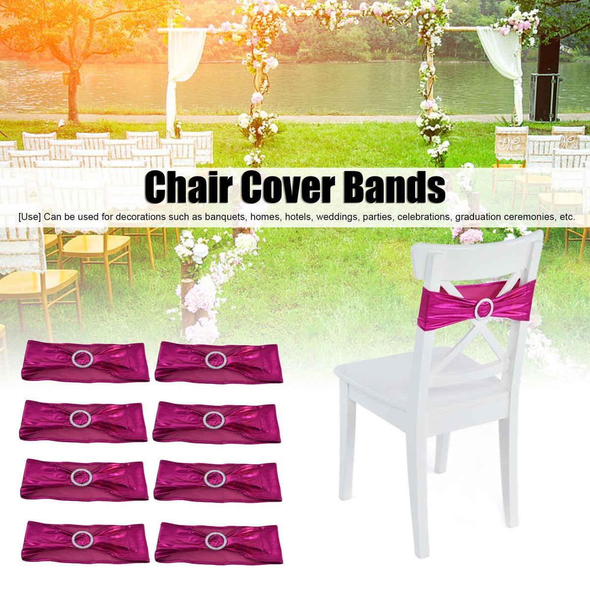 10Pcs Chair Cover Bands Elastic Stretch Sashes Bows for Wedding Banquet Hotel DecorationRose Red