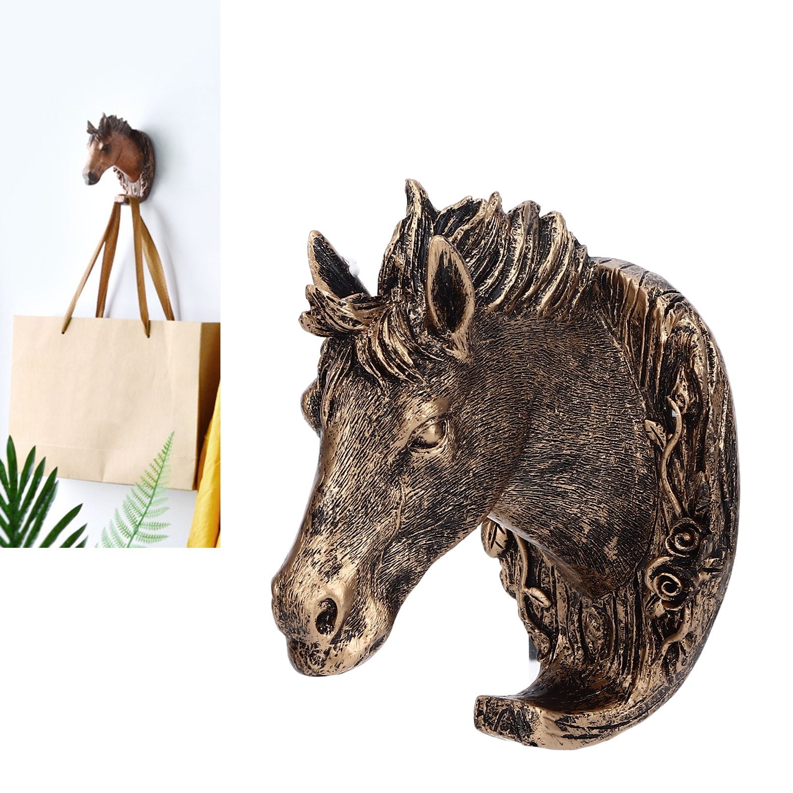 Antique Gold Horse Head Wall Hanger Resin Animal Horse Head Clothes Coat Hook for Living Room Bathroom Kitchen Decoration