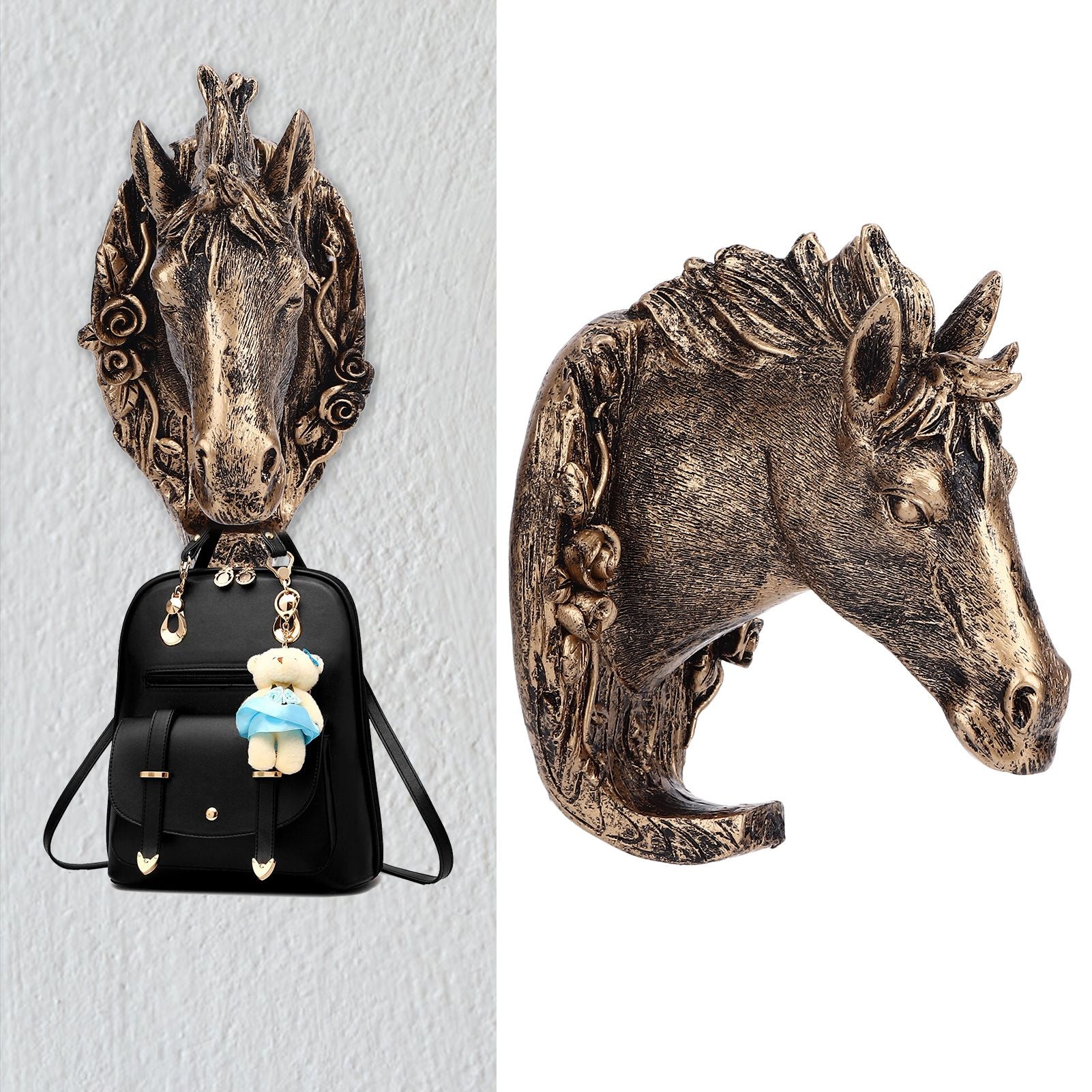 Antique Gold Horse Head Wall Hanger Resin Animal Horse Head Clothes Coat Hook for Living Room Bathroom Kitchen Decoration