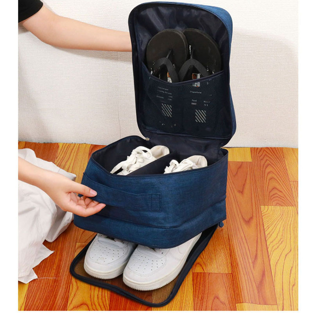 3 Layers Travel Shoe Bag Holds 3 Pair of Shoes Waterproof, Navy