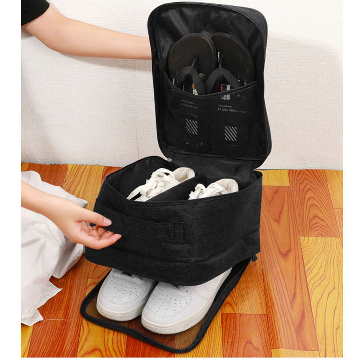 3 Layers Travel Shoe Bag Holds 3 Pair of Shoes Waterproof, Black