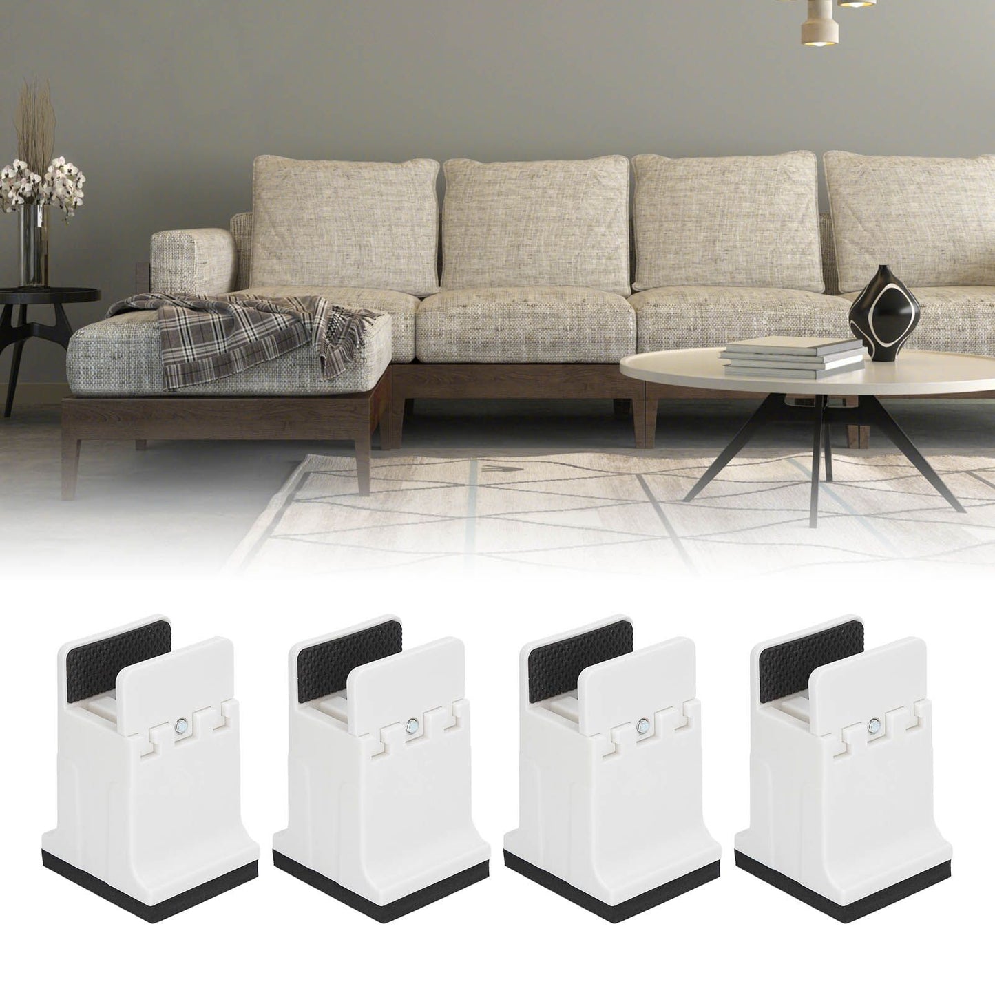 4pcs Adjustable Furniture Risers with Screw Clamp Rubber Bed Couch Risers for Heavy Duty Furniture White