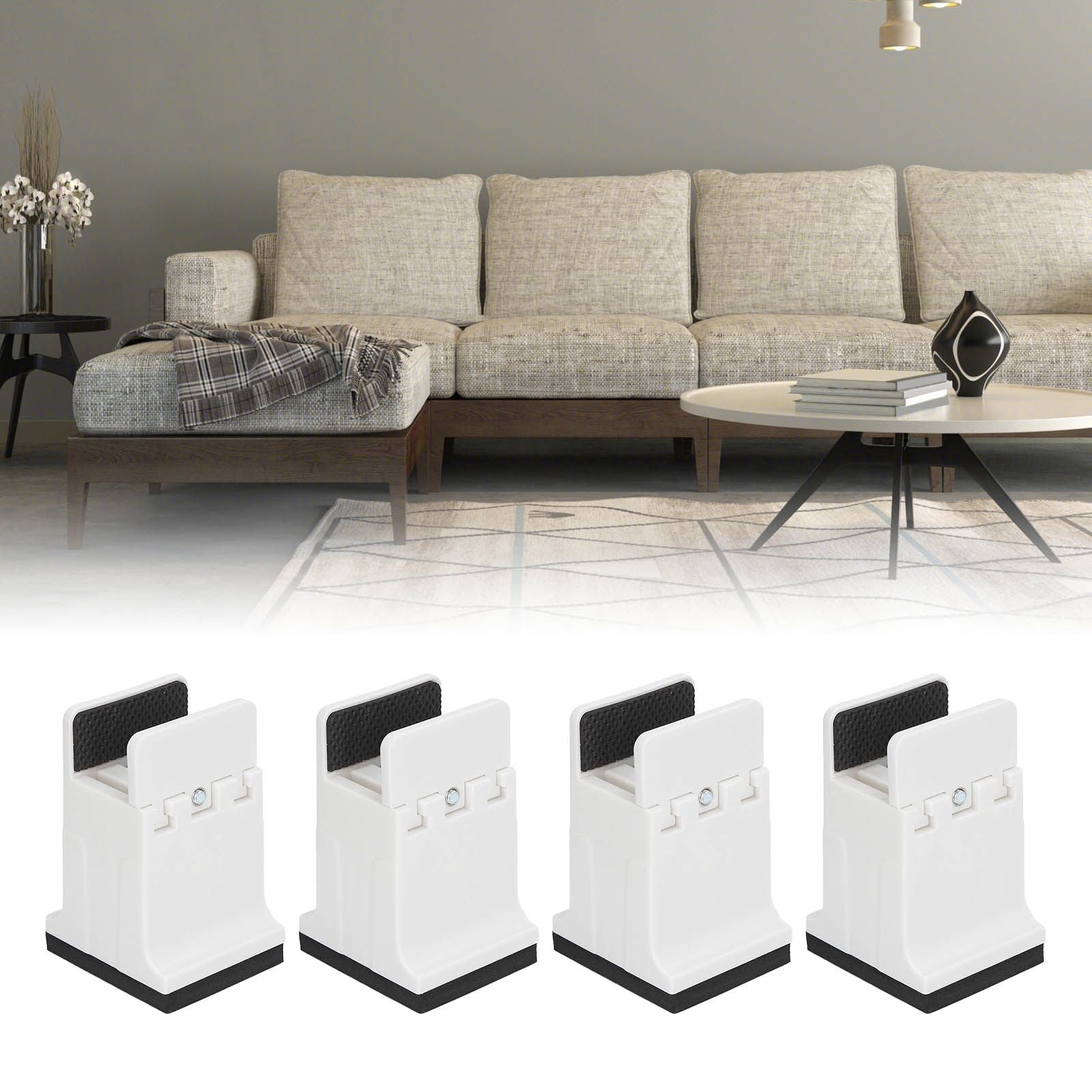 4pcs Adjustable Furniture Risers with Screw Clamp Rubber Bed Couch Risers for Heavy Duty Furniture White
