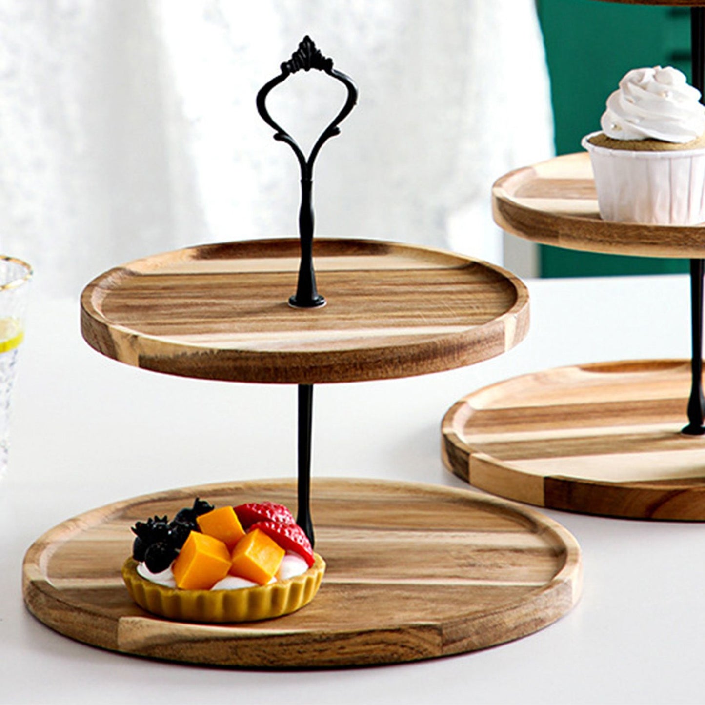 Wood Dessert Stand Rack Environmental Simple Vintage Wooden Dessert Display Tray Stand for Dessert Fruit Cake Snack Black Crown 2 Layers, Large