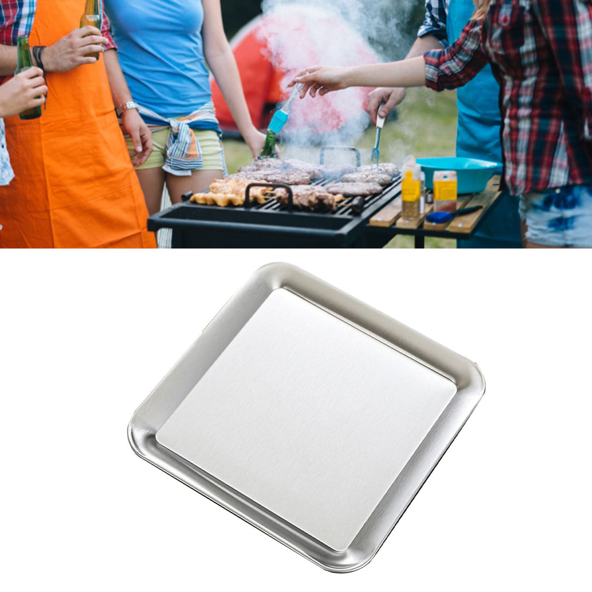 Serving Platter Square Stainless Steel Dish Tray Barbecue Plate Silver Color for Home L