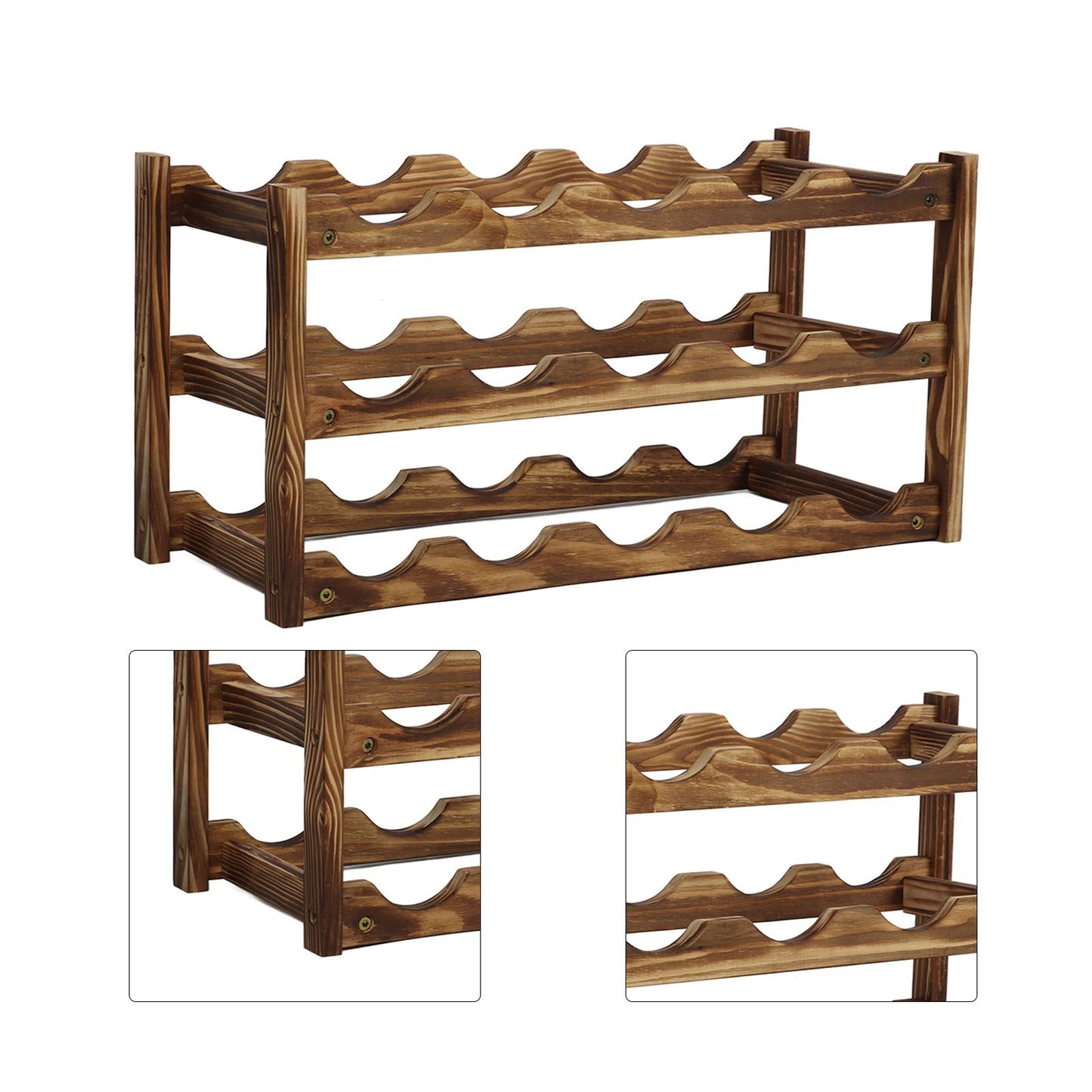 Wine Rack Pine Wood Wine Bottle Storage Shelf Display Organizer Decor for Countertop Home 3 Layer 15 Bottles Capacity