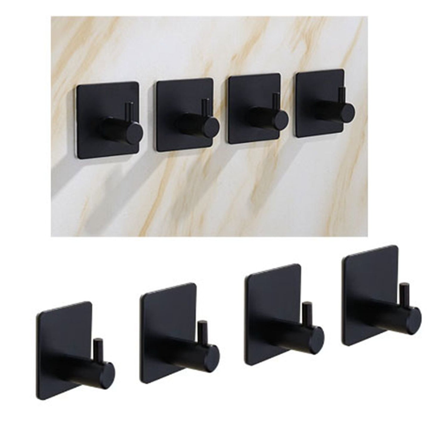 4PCS Clothes Hooks Strong Adhesive Wall Hook 304 Stainless Steel Hanging Hooks Black Square