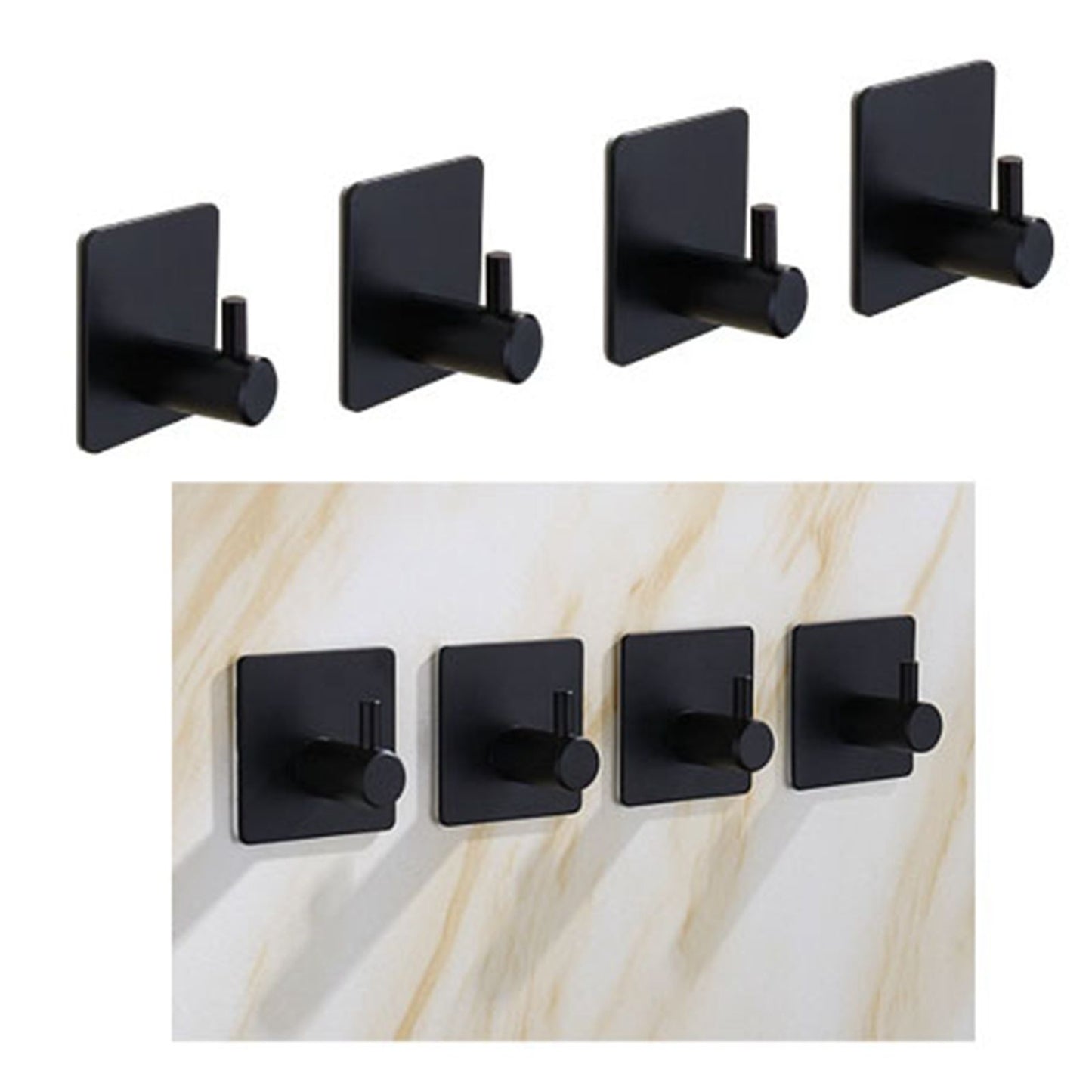 4PCS Clothes Hooks Strong Adhesive Wall Hook 304 Stainless Steel Hanging Hooks Black Square