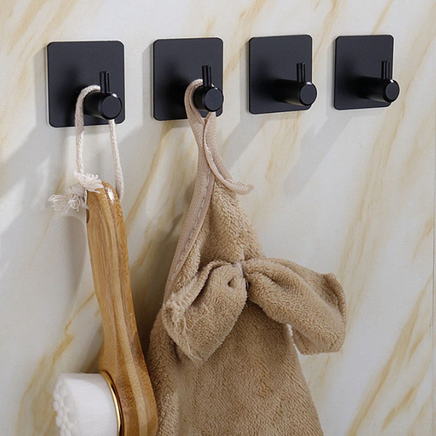 4PCS Clothes Hooks Strong Adhesive Wall Hook 304 Stainless Steel Hanging Hooks Black Square
