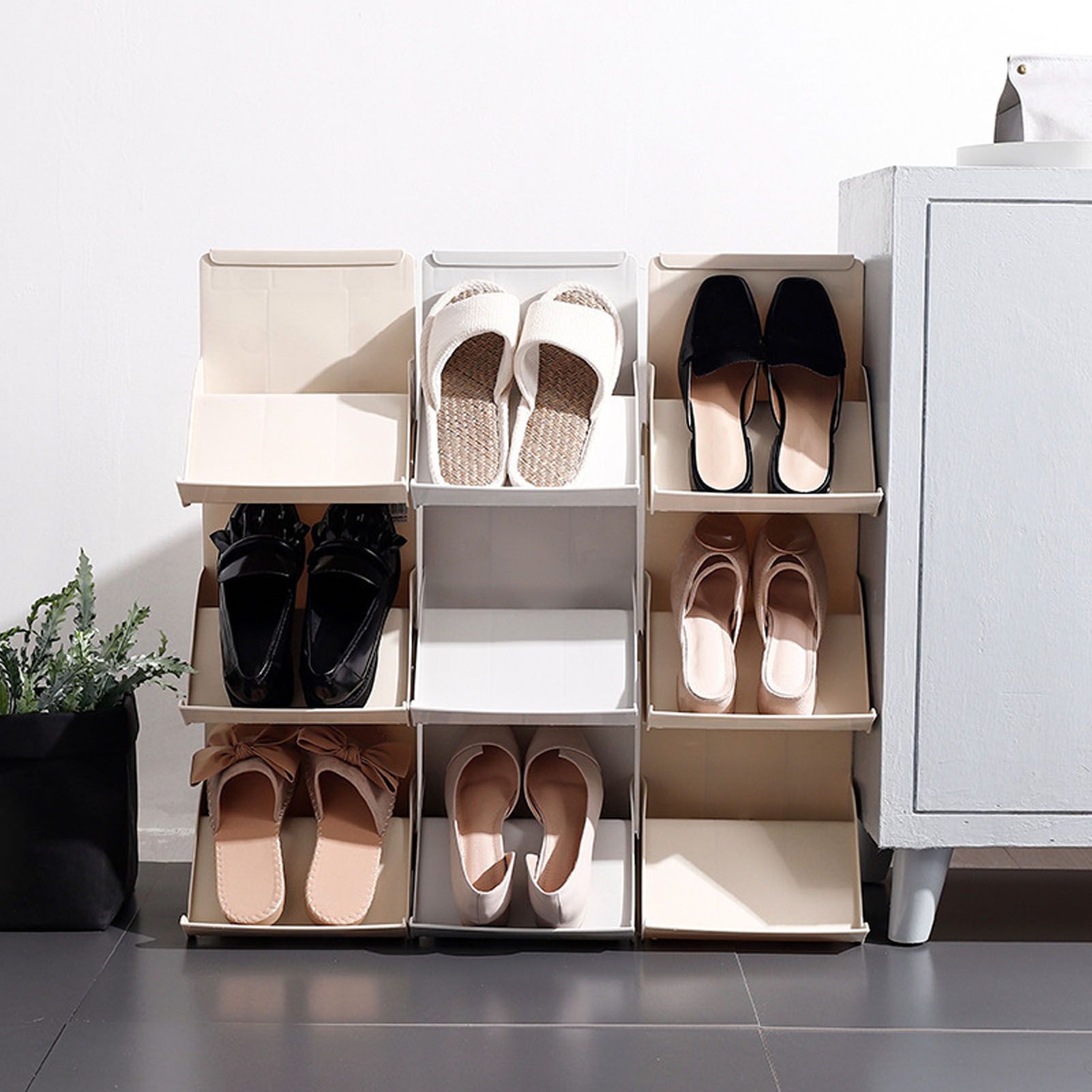 Combined Stackable Shoe Rack Space Saving Assembled Plastic Multi Layer Stackable Shoe Storage Rack Apricot