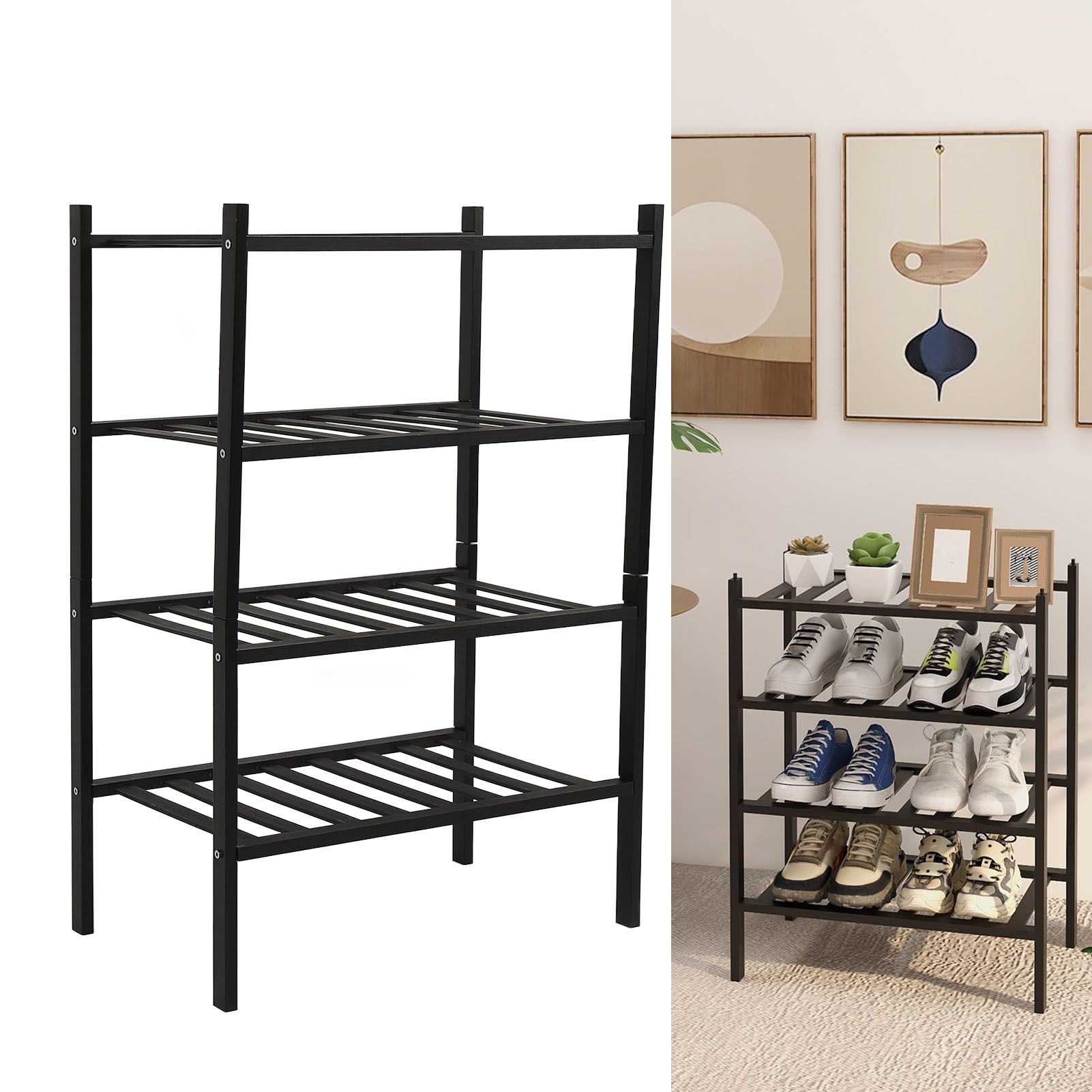 Bamboo Shoe Rack Stackable Shoe Shelf Storage Organizer for Closet Entryway Hallway Bathroom Living Room Black 4 Layer