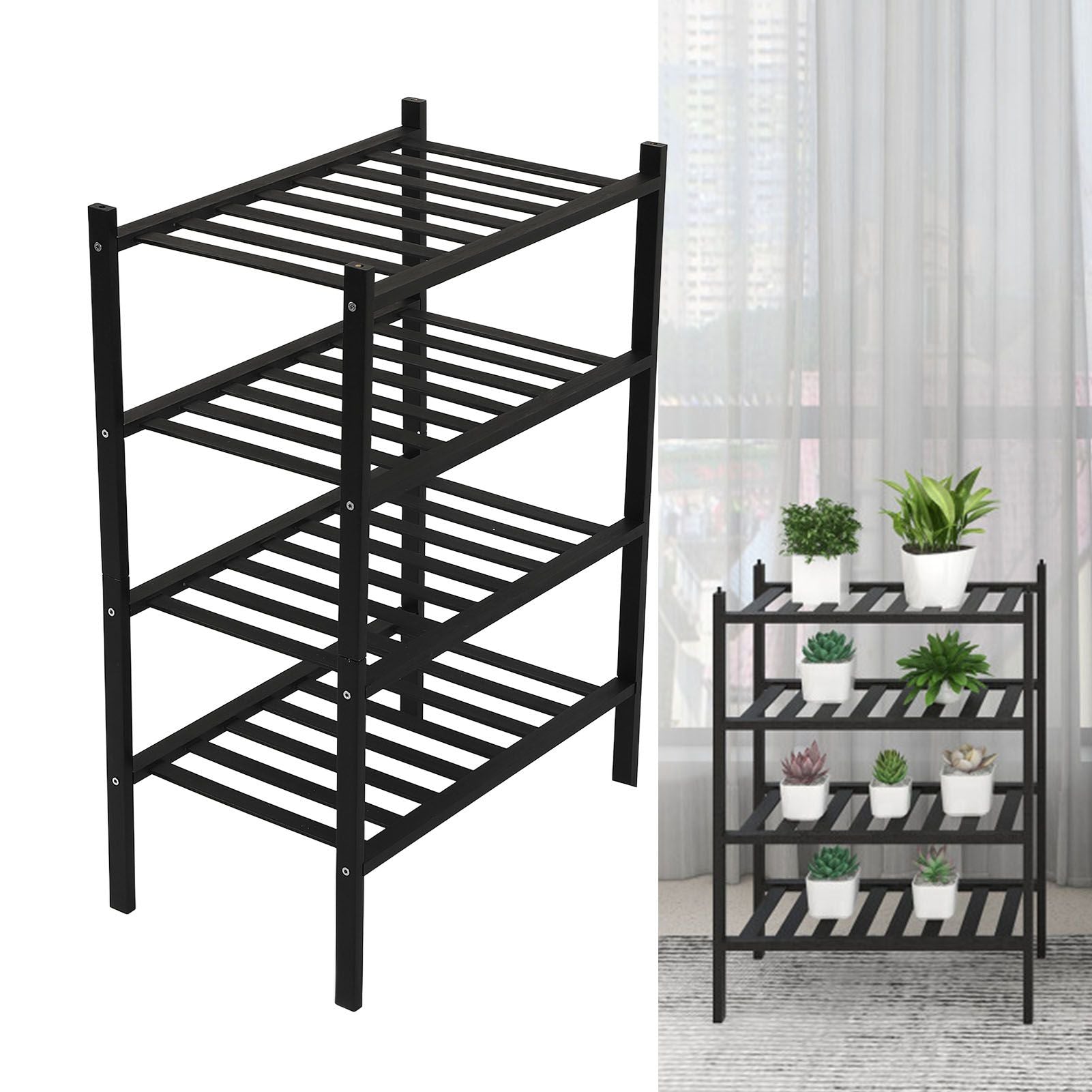 Bamboo Shoe Rack Stackable Shoe Shelf Storage Organizer for Closet Entryway Hallway Bathroom Living Room Black 4 Layer