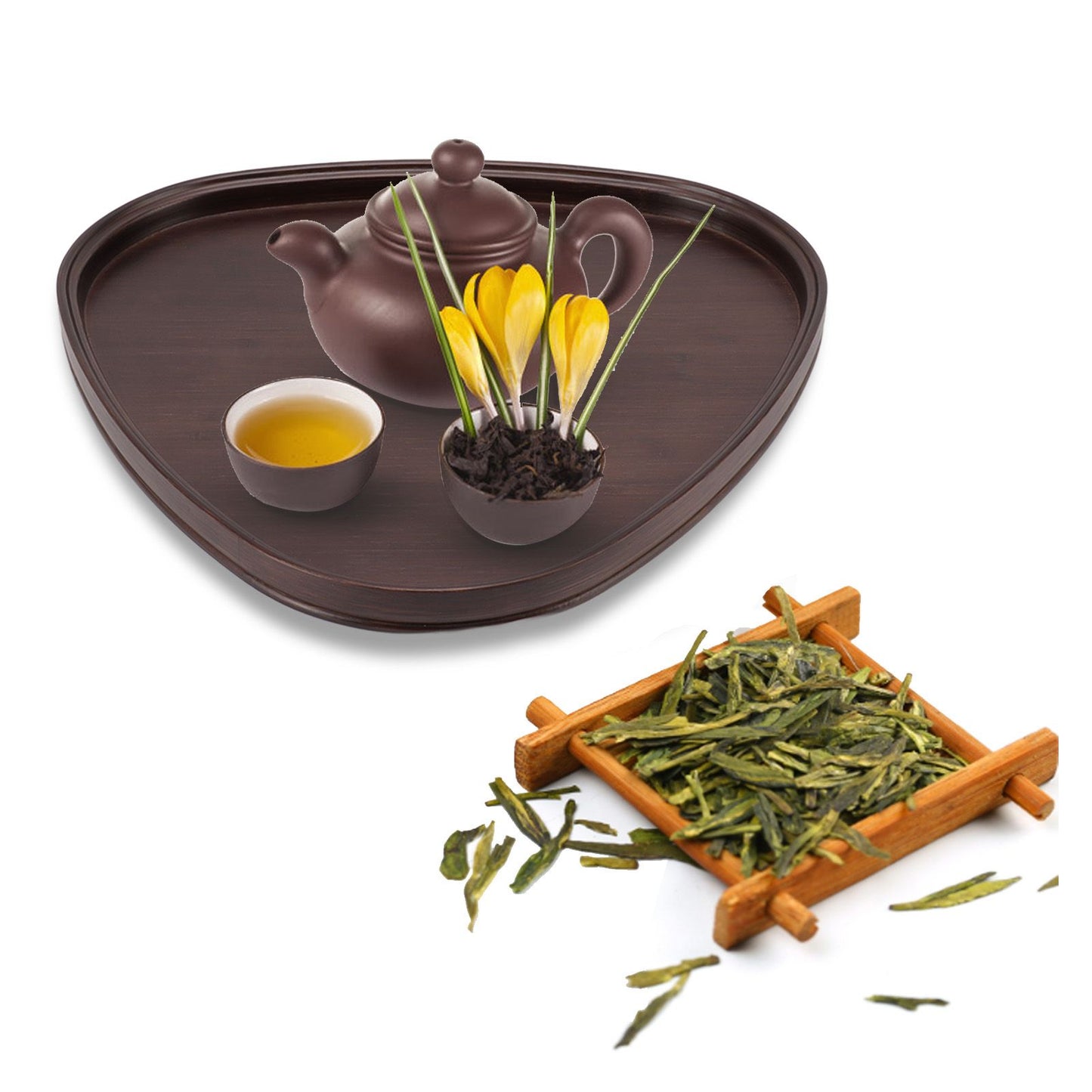 Wood Serving Tray Sturdy Bamboo Simple Elegant Triangular Multifunction Wooden Tea Tray for Cafe Office Dining Table Large