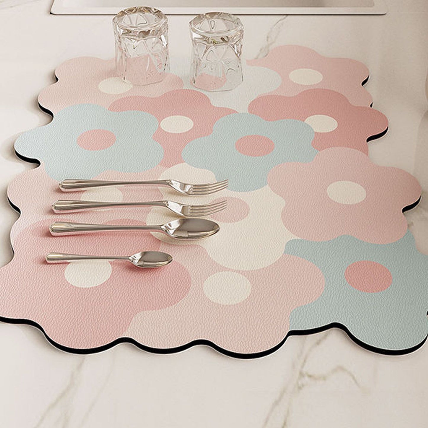Kitchen Counter Dish Drying Mat Refreshing Cute Elegant Heat Resistant Absorbent Dishes Drain Mat Pink and Blue 11.8 X 15.7in