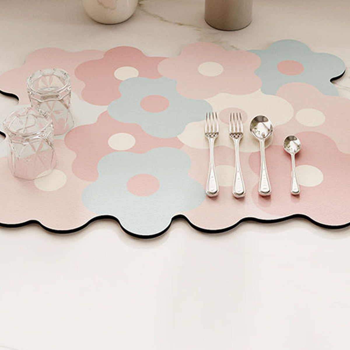 Kitchen Counter Dish Drying Mat Refreshing Cute Elegant Heat Resistant Absorbent Dishes Drain Mat Pink and Blue 11.8 X 15.7in