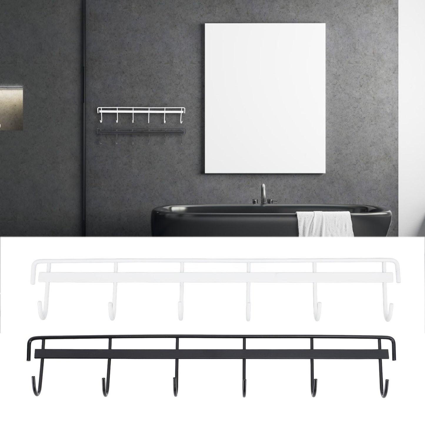 2pcs Wall Mounted Coat Rack Stainless Steel Wall Hanging Coat Hook Rail with 6 Hooks for Clothes Towel Hat 6 Hooks 1 Black 1 White