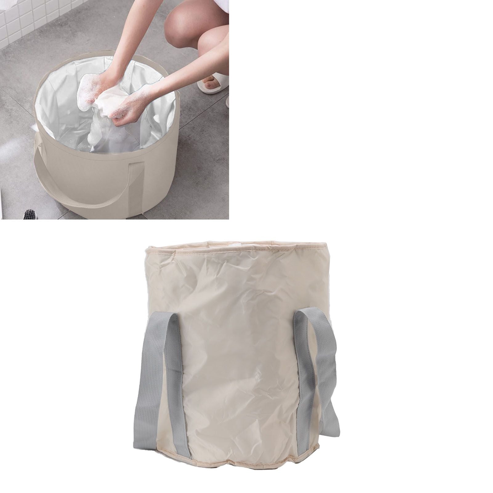 Foldable Foot Tub Polyester Double Layer Collapsible Camping Bucket with Storage Bag for Outdoor Beige
