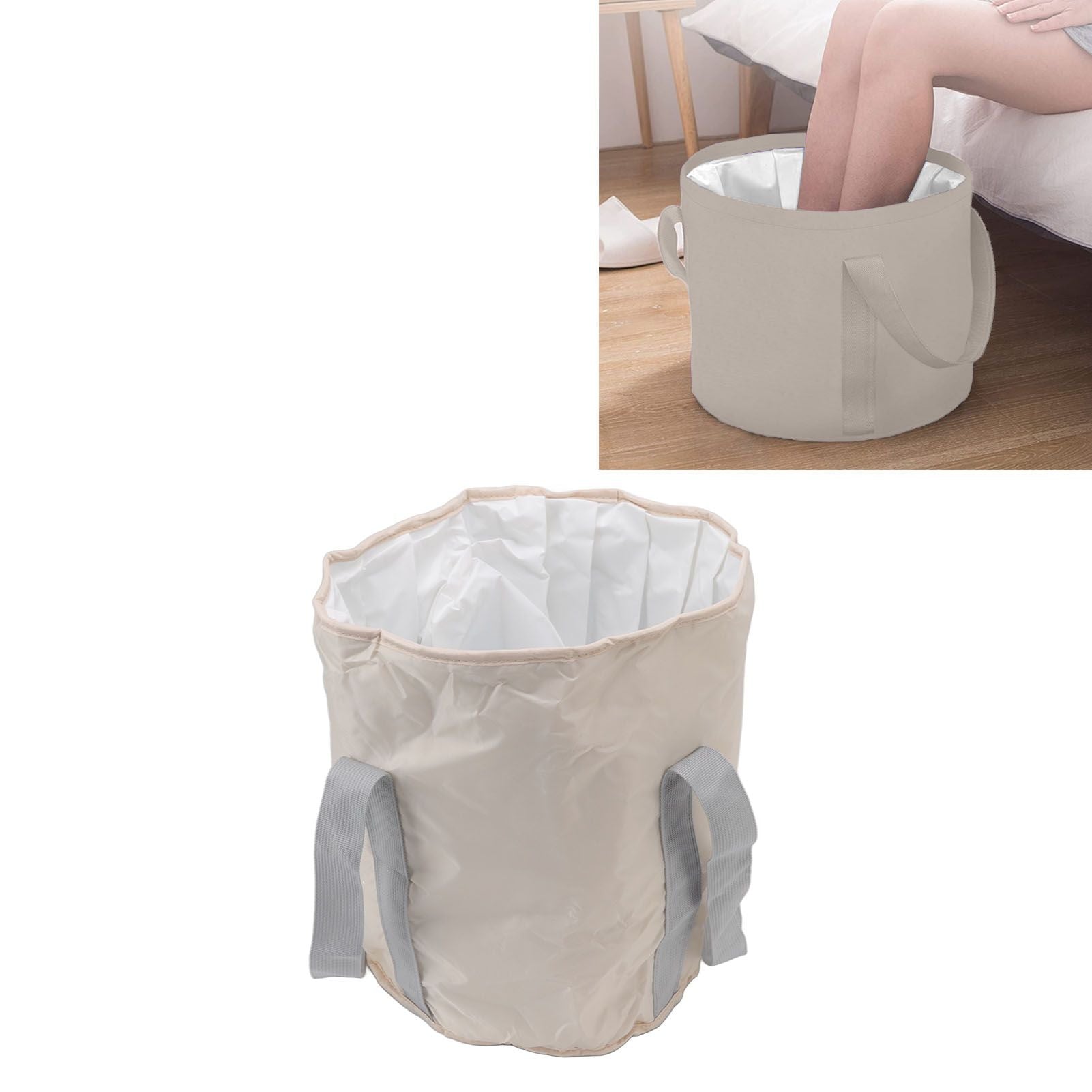 Foldable Foot Tub Polyester Double Layer Collapsible Camping Bucket with Storage Bag for Outdoor Beige