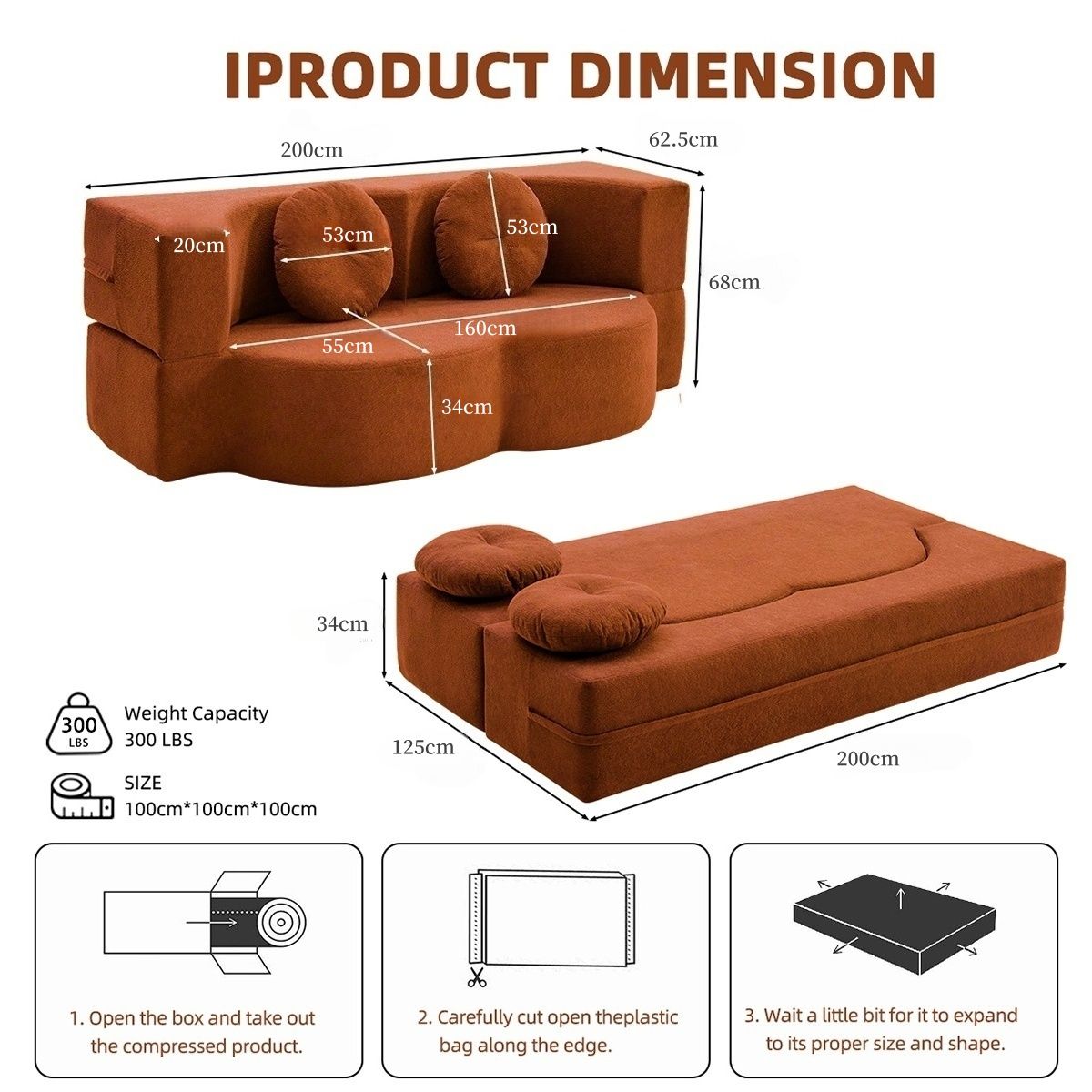 Convertible Folding Sofa Bed / Plush Corduroy Loveseat Couch - Grey