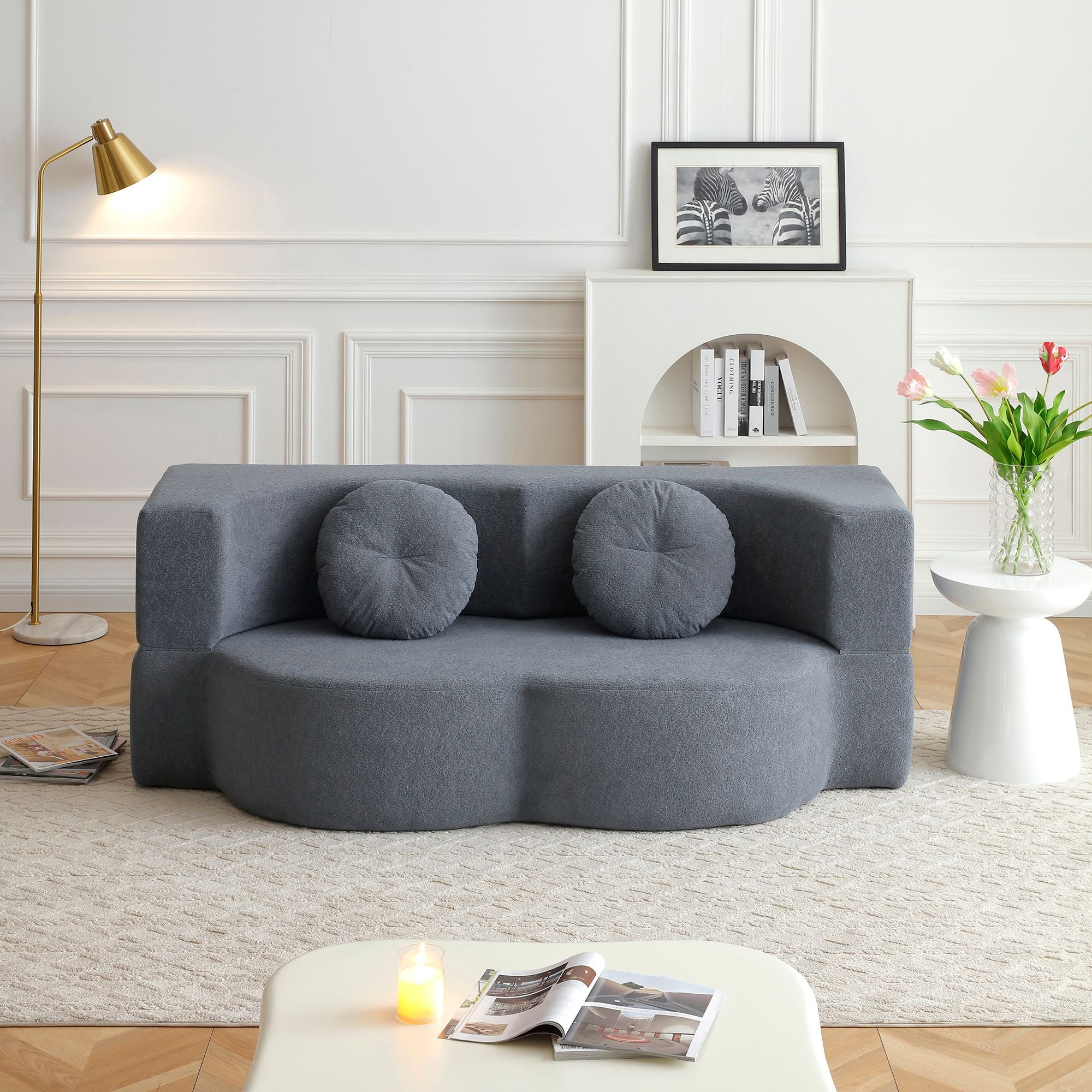 Convertible Folding Sofa Bed / Plush Corduroy Loveseat Couch - Grey