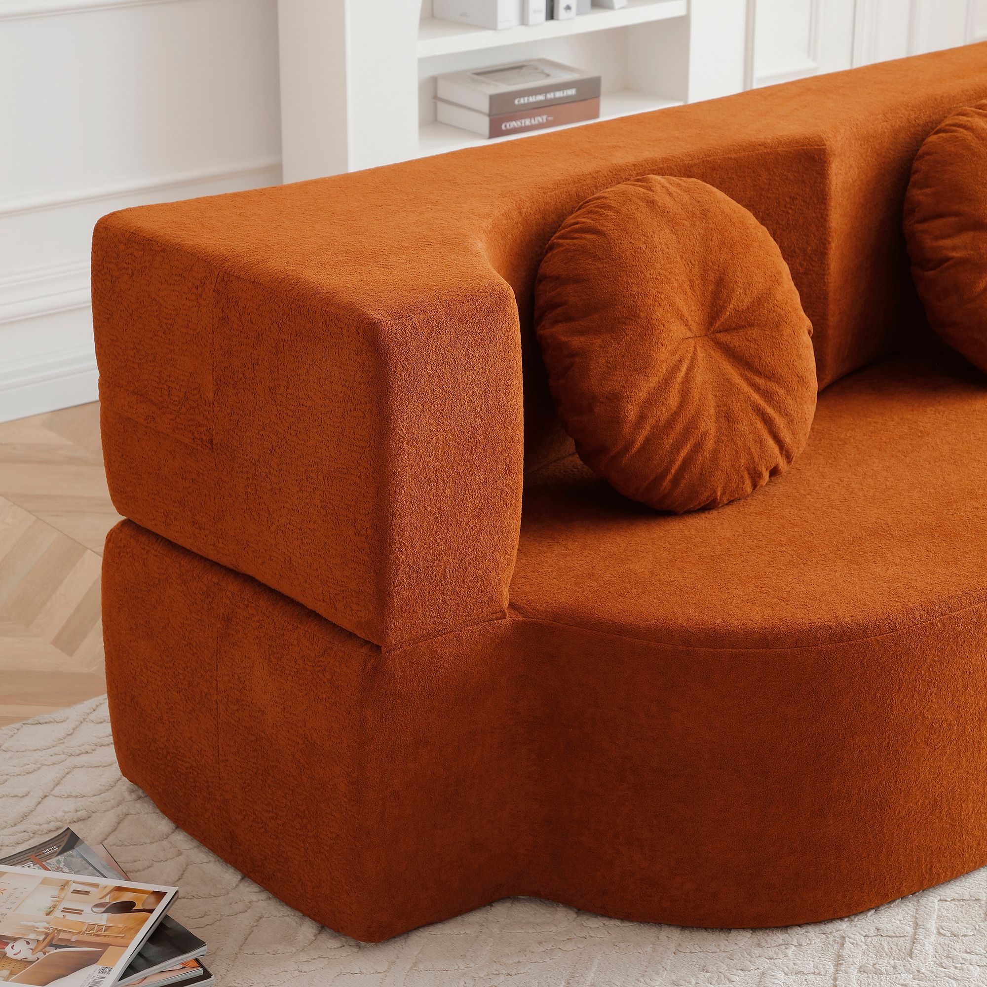 Convertible Folding Sofa Bed / Plush Corduroy Loveseat Couch - Orange