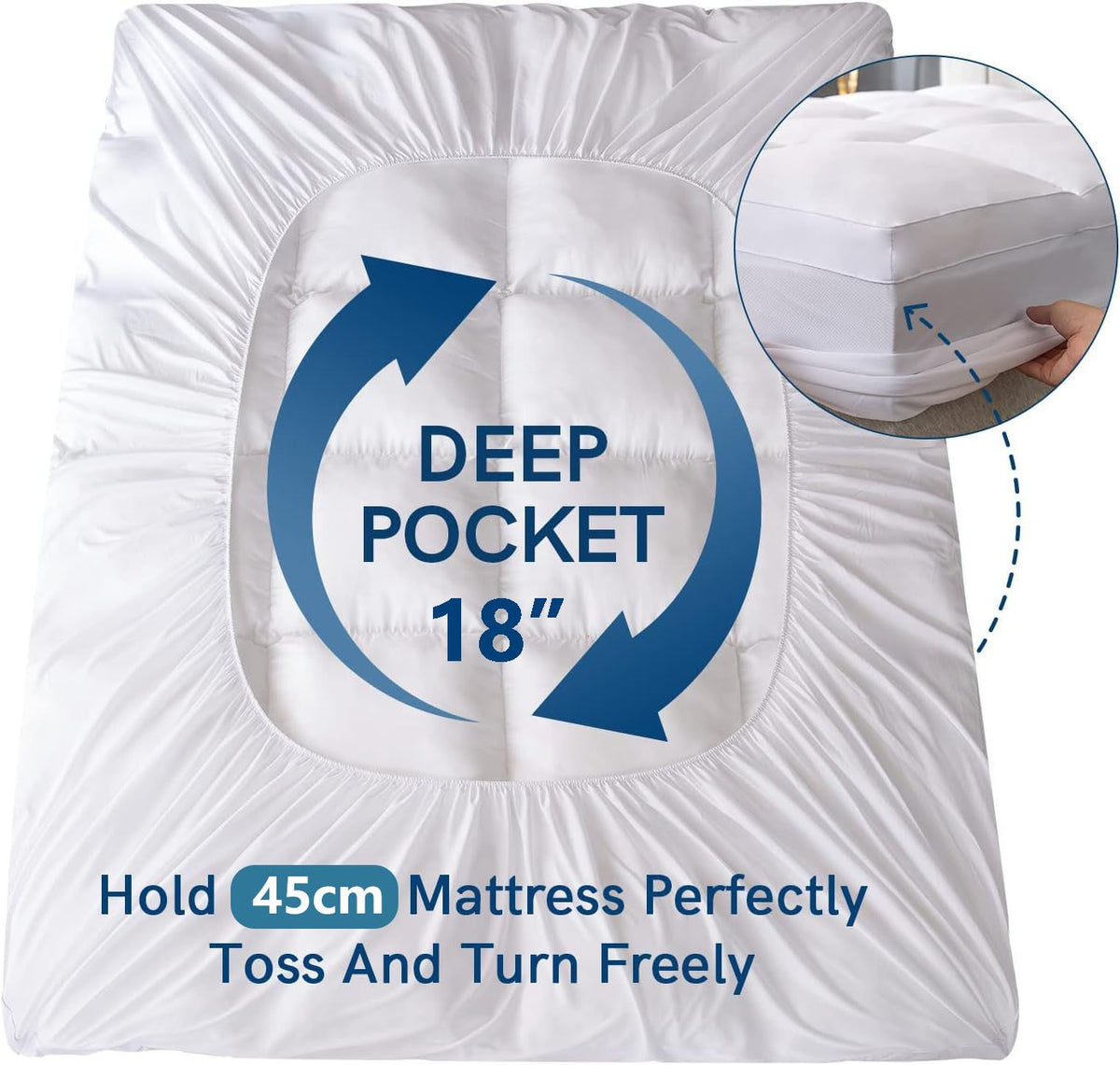 1000GSM Mattress Topper Viscose Derived from Bamboo, Thick Pillowtop Fitted Mattress Cover with 45cm Deep Skirt - Machine Washable Hypoallergenic(Double,white)