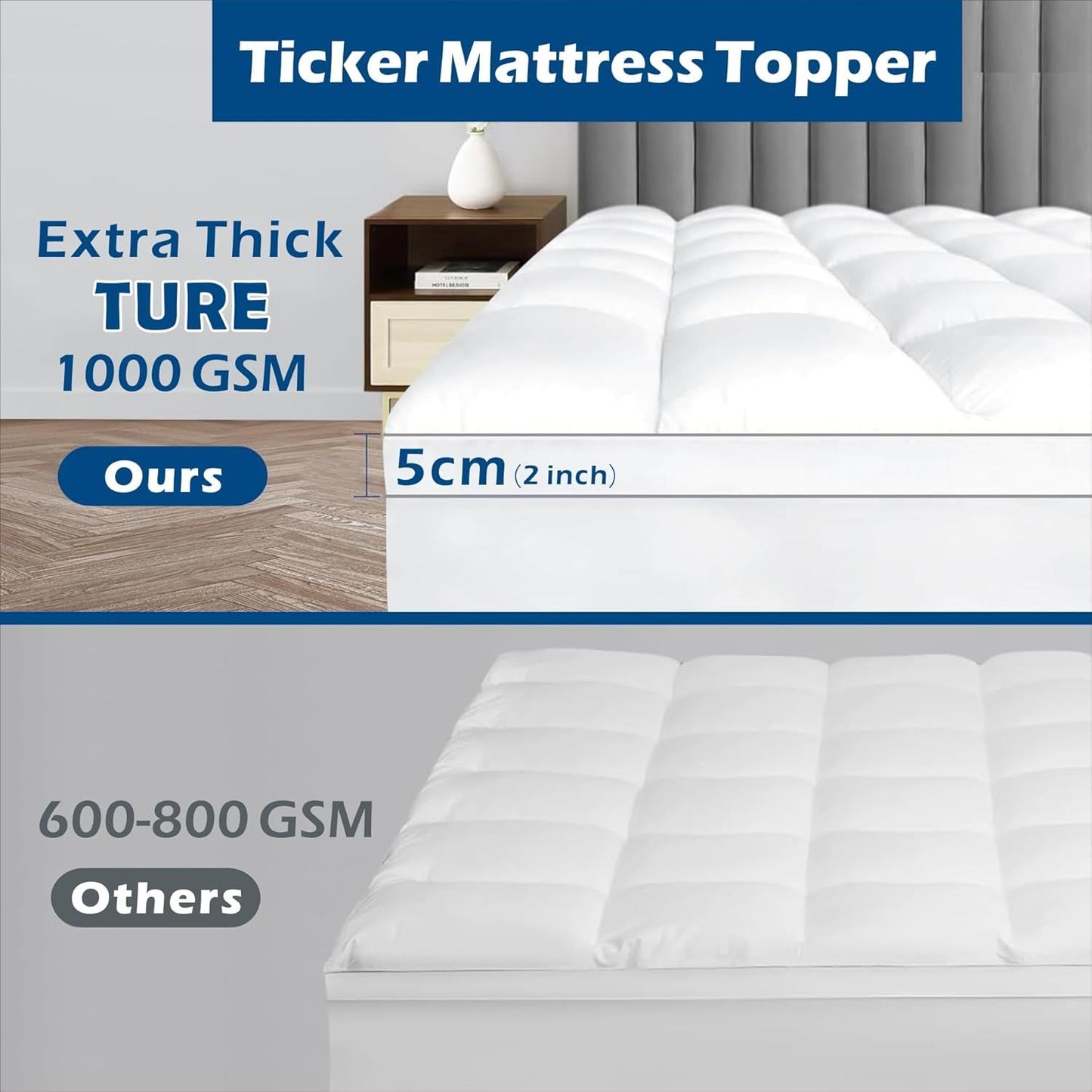 1000GSM Mattress Topper Viscose Derived from Bamboo, Thick Pillowtop Fitted Mattress Cover with 45cm Deep Skirt - Machine Washable Hypoallergenic(Queen,white)