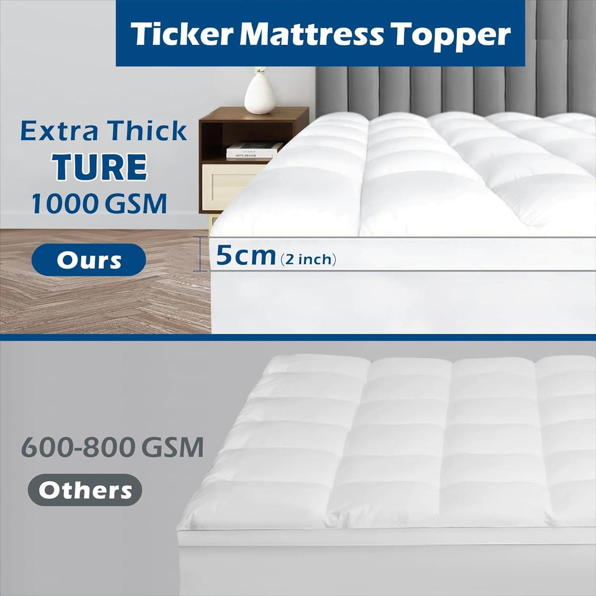 1000GSM Mattress Topper Viscose Derived from Bamboo, Thick Pillowtop Fitted Mattress Cover with 45cm Deep Skirt - Machine Washable Hypoallergenic(Double,Black)