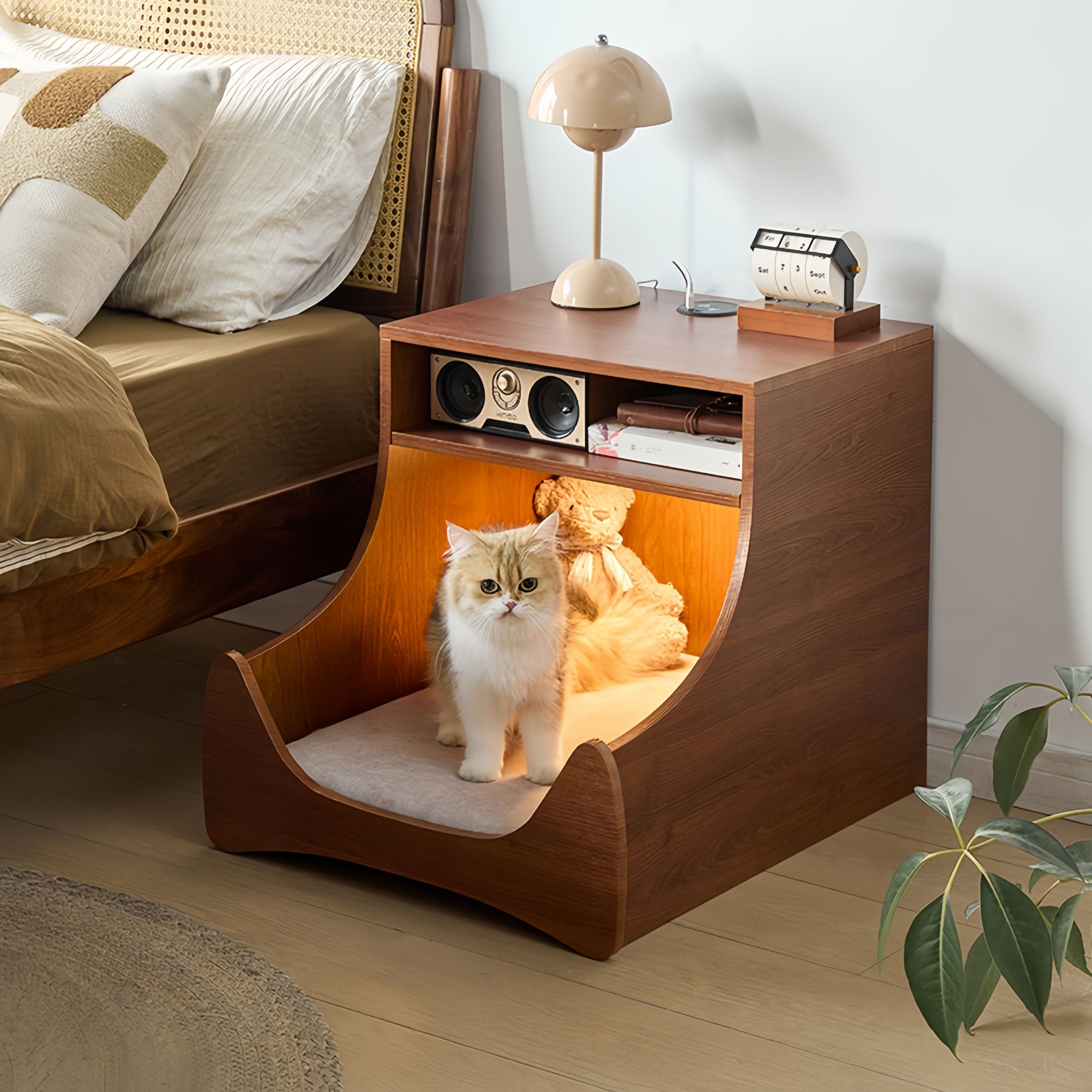 Bedside Table with Wireless Charging Station,LED Nightstand with Open Storage Drawers for Small Cats and Dogs Bed, Cozy Home for Living Room, Bedroom, Office, Sofa Side