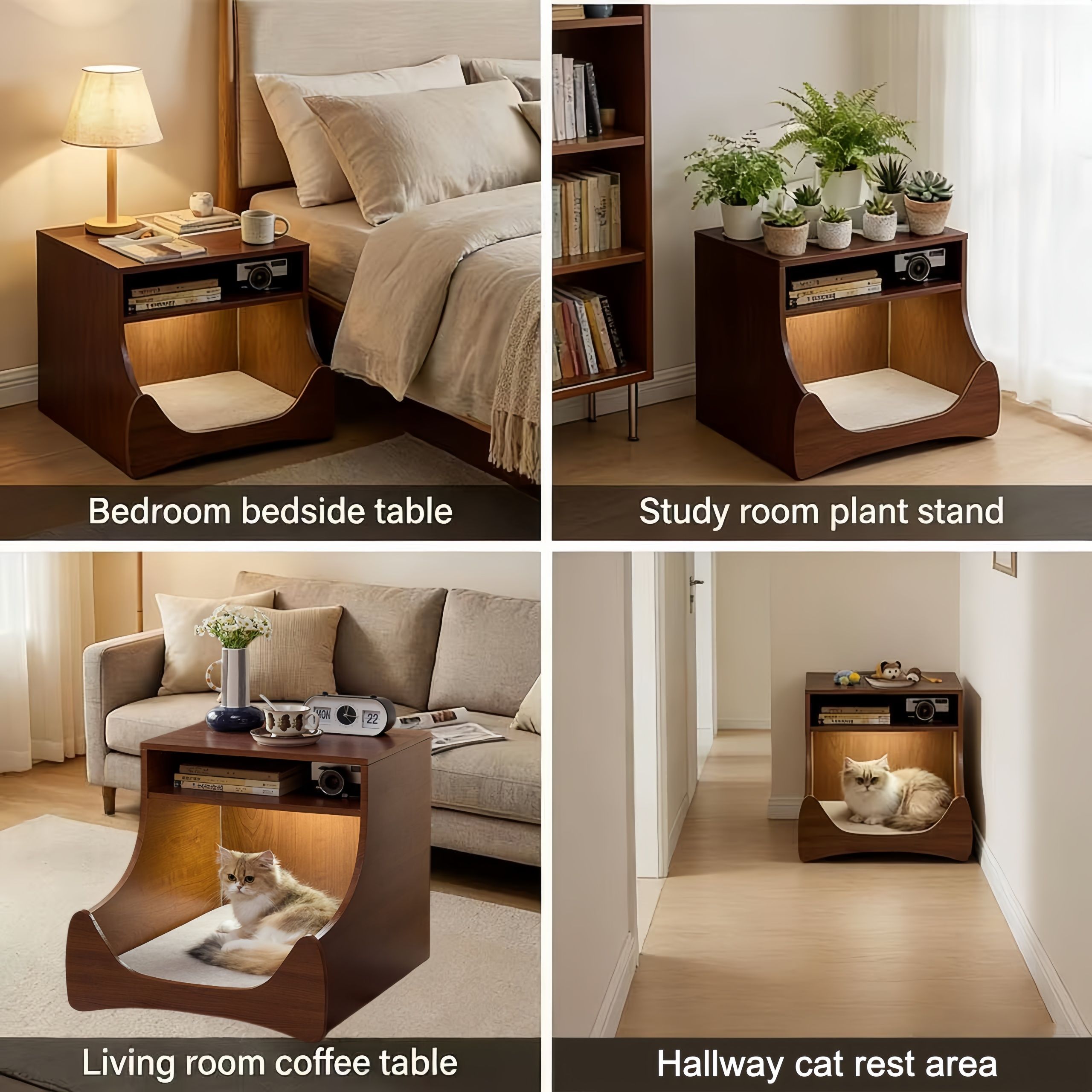 Bedside Table with Wireless Charging Station,LED Nightstand with Open Storage Drawers for Small Cats and Dogs Bed, Cozy Home for Living Room, Bedroom, Office, Sofa Side