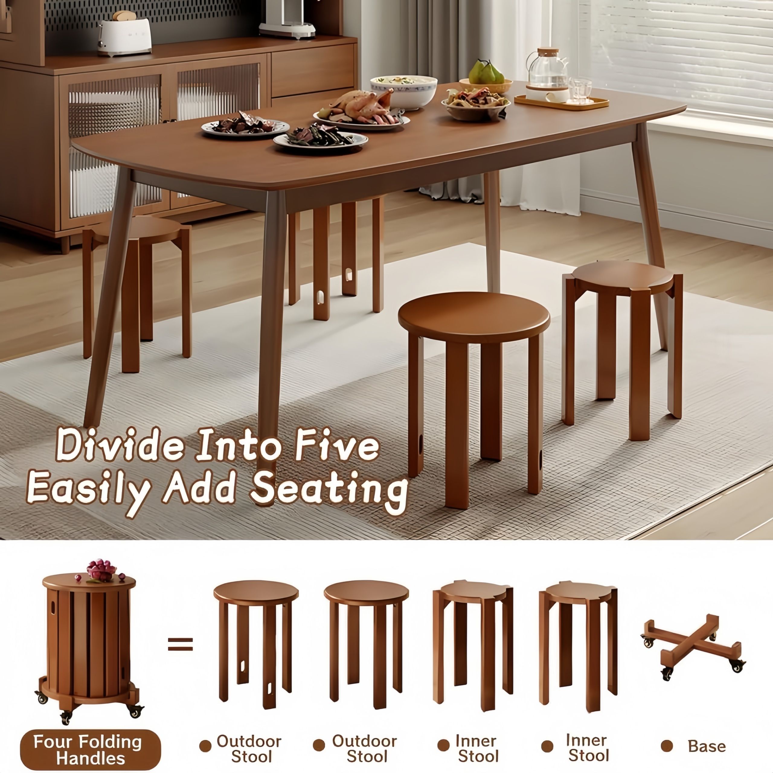 Stackable Wooden Stools Set of 4,Bar Stools Dining Chair with Movable Base,Nesting Side Tables Nesting Coffee Table, No Installation Required for Indoor Outdoor Living Room Garden