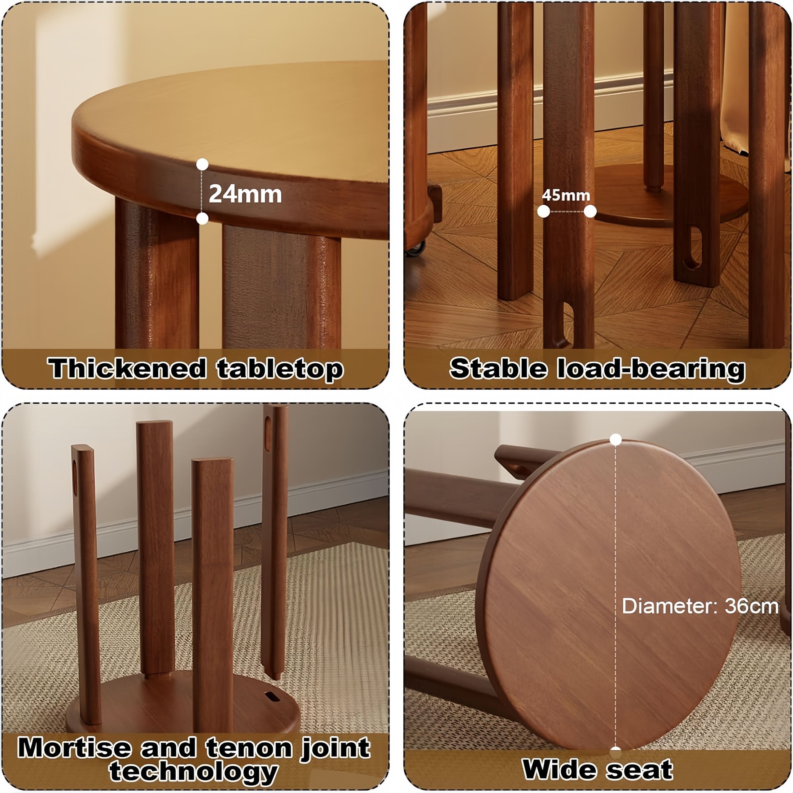 Stackable Wooden Stools Set of 4,Bar Stools Dining Chair with Movable Base,Nesting Side Tables Nesting Coffee Table, No Installation Required for Indoor Outdoor Living Room Garden