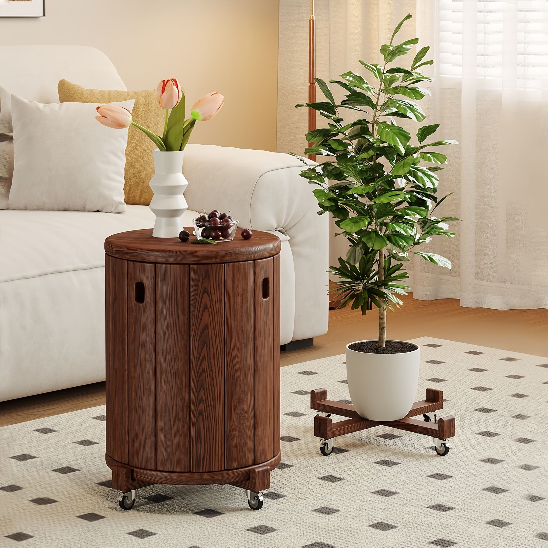 Stackable Wooden Stools Set of 4,Bar Stools Dining Chair with Movable Base,Nesting Side Tables Nesting Coffee Table, No Installation Required for Indoor Outdoor Living Room Garden