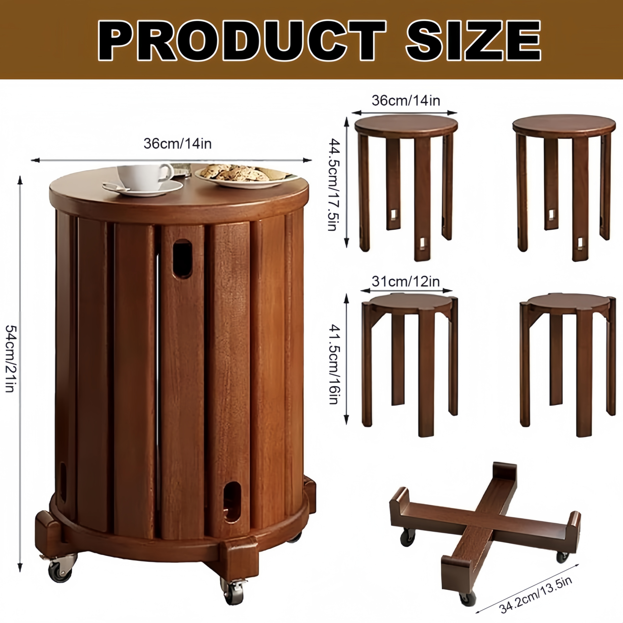 Stackable Wooden Stools Set of 4,Bar Stools Dining Chair with Movable Base,Nesting Side Tables Nesting Coffee Table, No Installation Required for Indoor Outdoor Living Room Garden