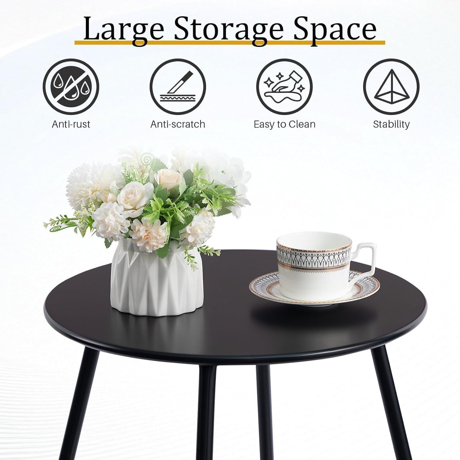 Outdoor Metal Side Table – Rust-Resistant Patio Small Round End Table, Accent Coffee Table for Balcony, Garden, Porch, Living Room & Bedroom – Lightweight Portable Plant Stand, Black