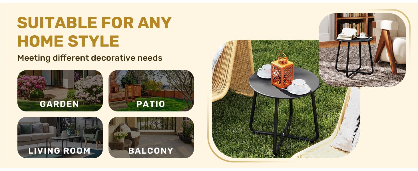Outdoor Metal Side Table – Rust-Resistant Patio Small Round End Table, Accent Coffee Table for Balcony, Garden, Porch, Living Room & Bedroom – Lightweight Portable Plant Stand, Black