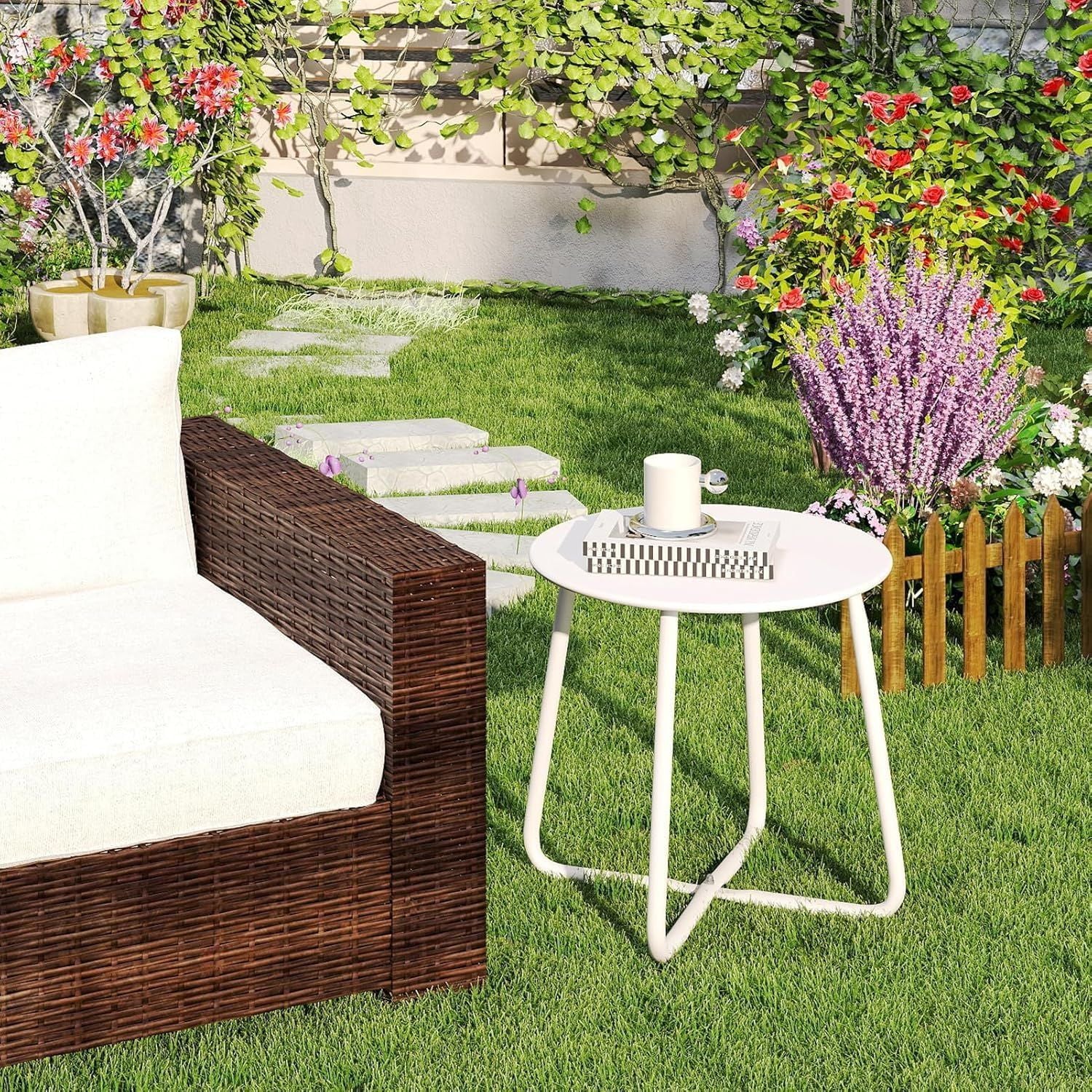 Metal Outdoor Side Table – Round Patio Table, Rust-Resistant Small End Coffee Table for Balcony, Garden, Porch, Living Room & Bedroom – Portable Accent Table for Indoor Outdoor Use, White