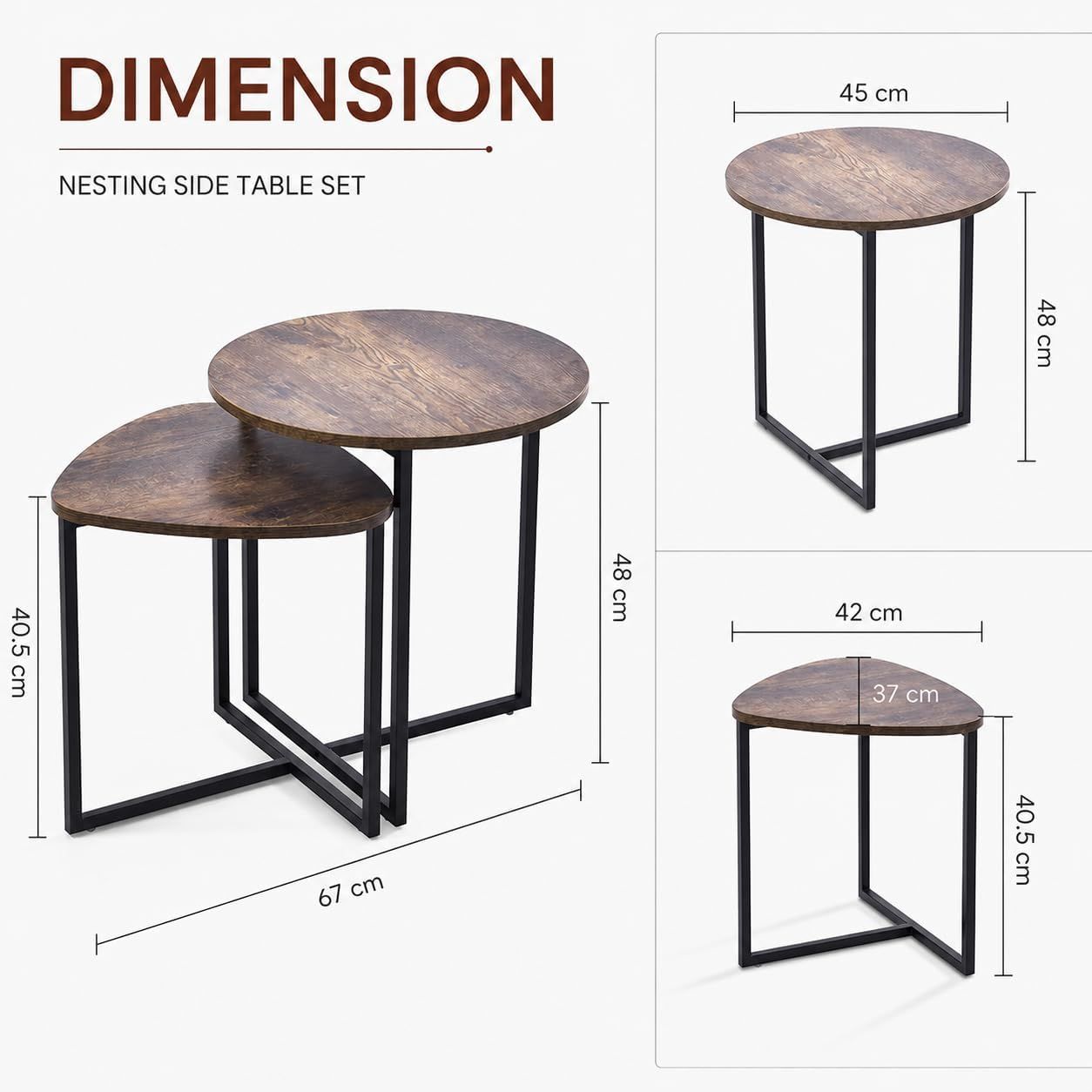 Nesting Side Tables Set of 2, Round End Tables with Rustic Brown Wood Look Top and Black Metal Frame, Space Saving Accent Coffee Tables for Living Room, Bedroom, Sofa Side, Bedside, Small Spaces
