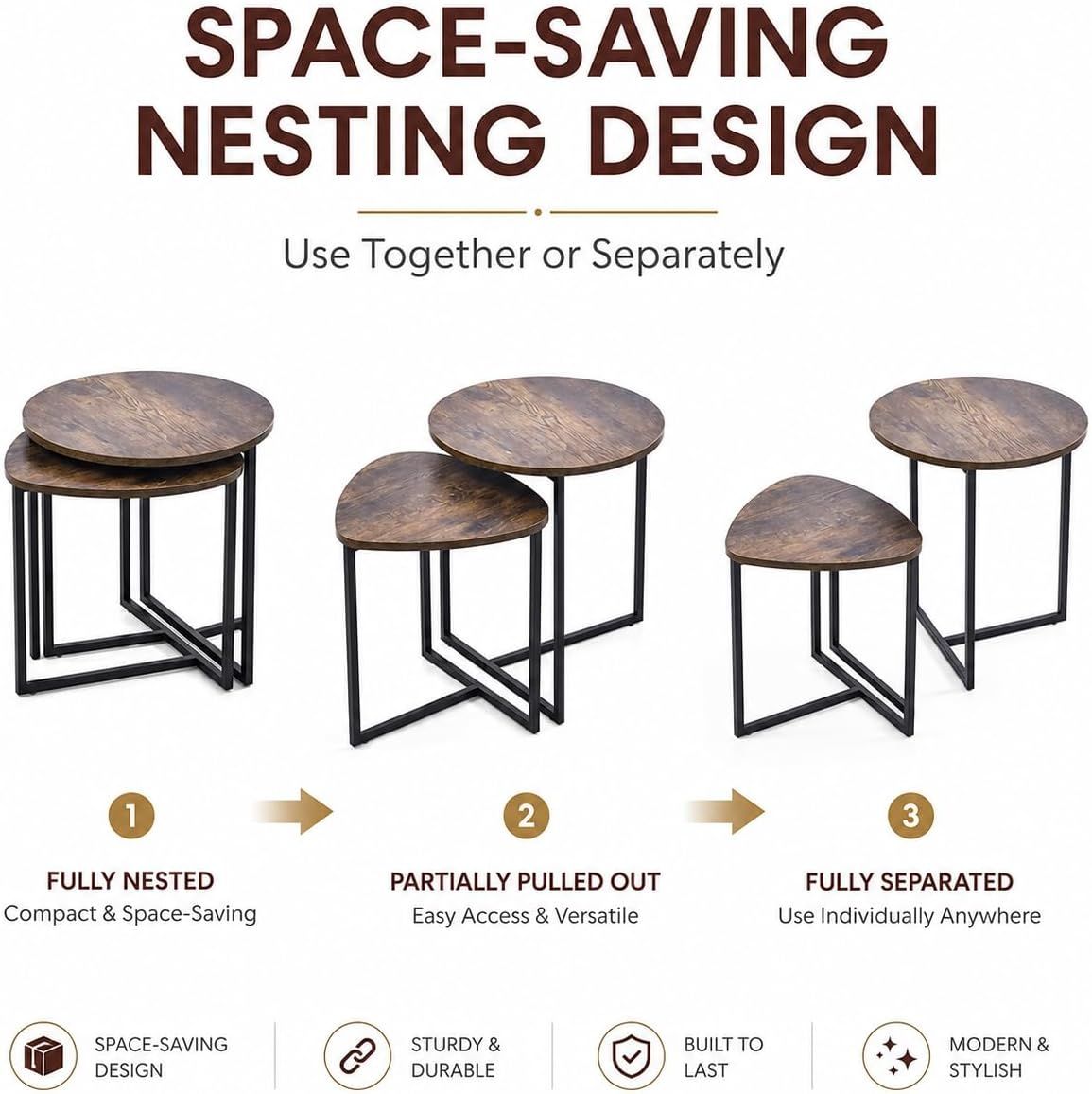 Nesting Side Tables Set of 2, Round End Tables with Rustic Brown Wood Look Top and Black Metal Frame, Space Saving Accent Coffee Tables for Living Room, Bedroom, Sofa Side, Bedside, Small Spaces