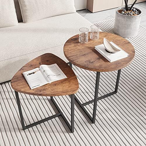 Nesting Side Tables Set of 2, Round End Tables with Rustic Brown Wood Look Top and Black Metal Frame, Space Saving Accent Coffee Tables for Living Room, Bedroom, Sofa Side, Bedside, Small Spaces