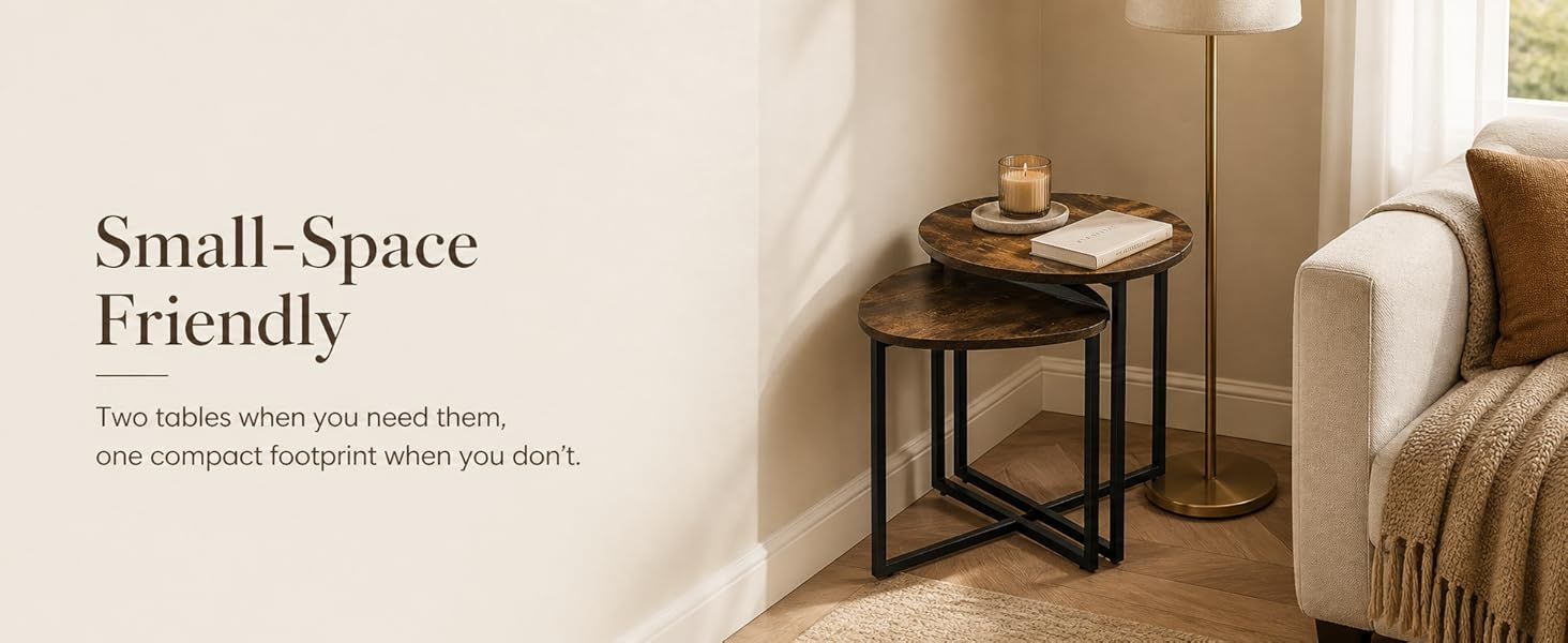 Nesting Side Tables Set of 2, Round End Tables with Rustic Brown Wood Look Top and Black Metal Frame, Space Saving Accent Coffee Tables for Living Room, Bedroom, Sofa Side, Bedside, Small Spaces