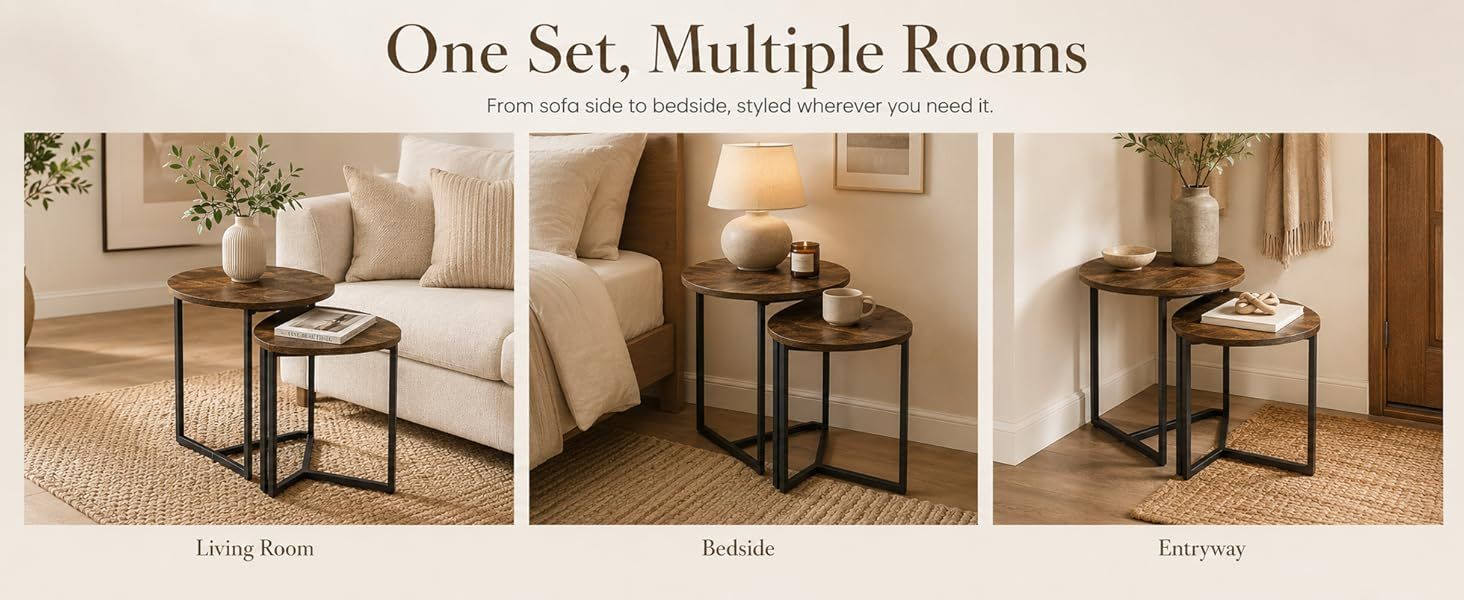 Nesting Side Tables Set of 2, Round End Tables with Rustic Brown Wood Look Top and Black Metal Frame, Space Saving Accent Coffee Tables for Living Room, Bedroom, Sofa Side, Bedside, Small Spaces
