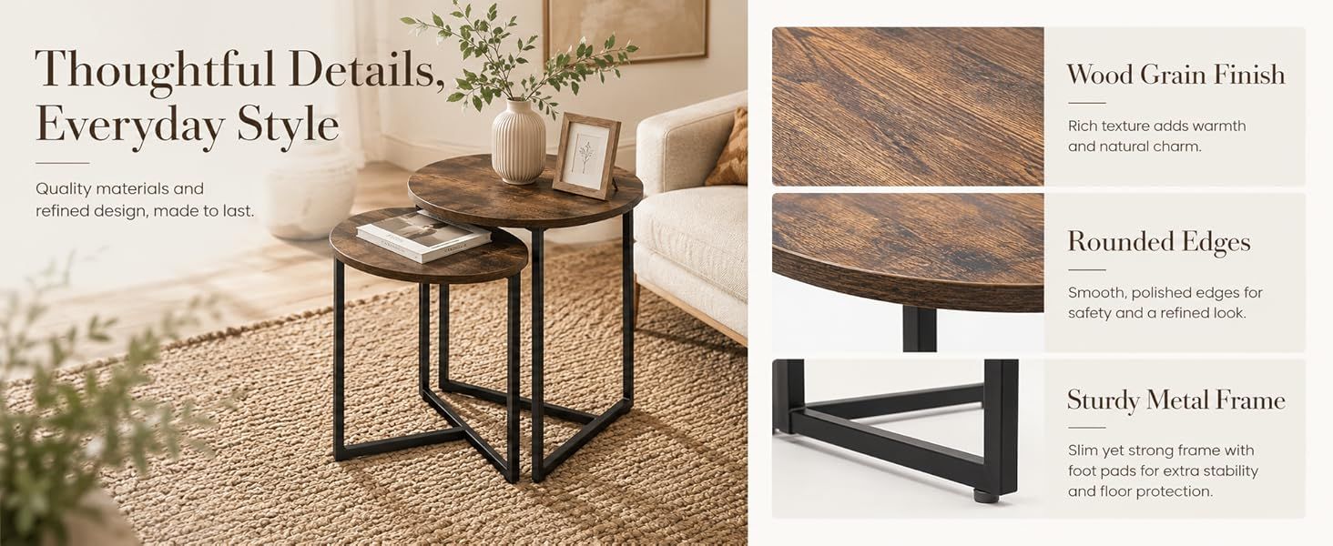 Nesting Side Tables Set of 2, Round End Tables with Rustic Brown Wood Look Top and Black Metal Frame, Space Saving Accent Coffee Tables for Living Room, Bedroom, Sofa Side, Bedside, Small Spaces