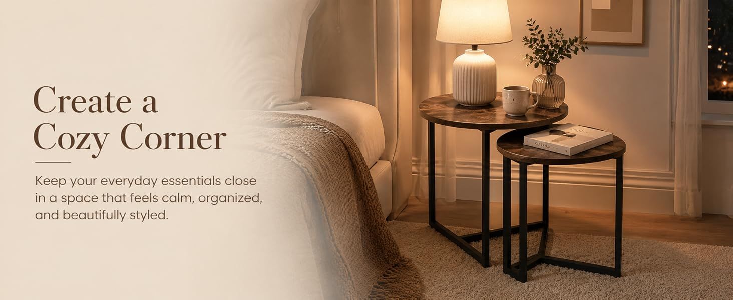 Nesting Side Tables Set of 2, Round End Tables with Rustic Brown Wood Look Top and Black Metal Frame, Space Saving Accent Coffee Tables for Living Room, Bedroom, Sofa Side, Bedside, Small Spaces