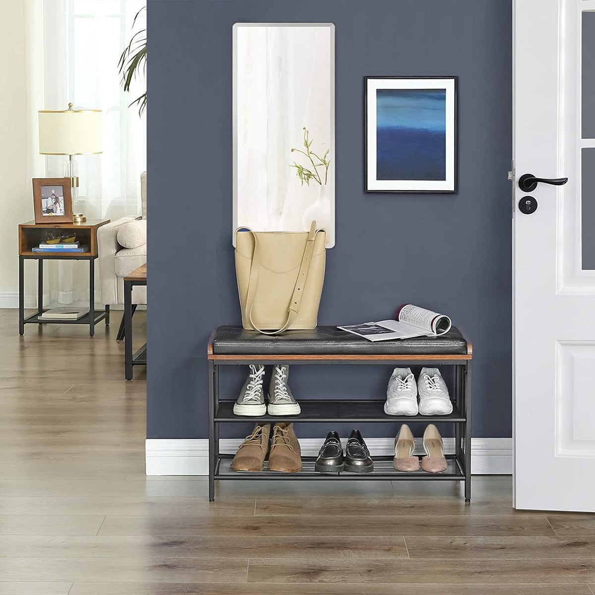 Shoe Bench with Mesh Shelf and Faux Leather Vintage Brown