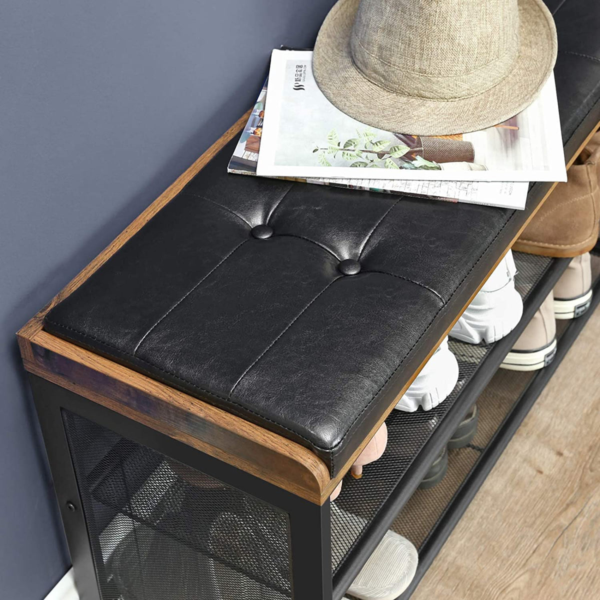 Shoe Bench with Mesh Shelf and Faux Leather Vintage Brown