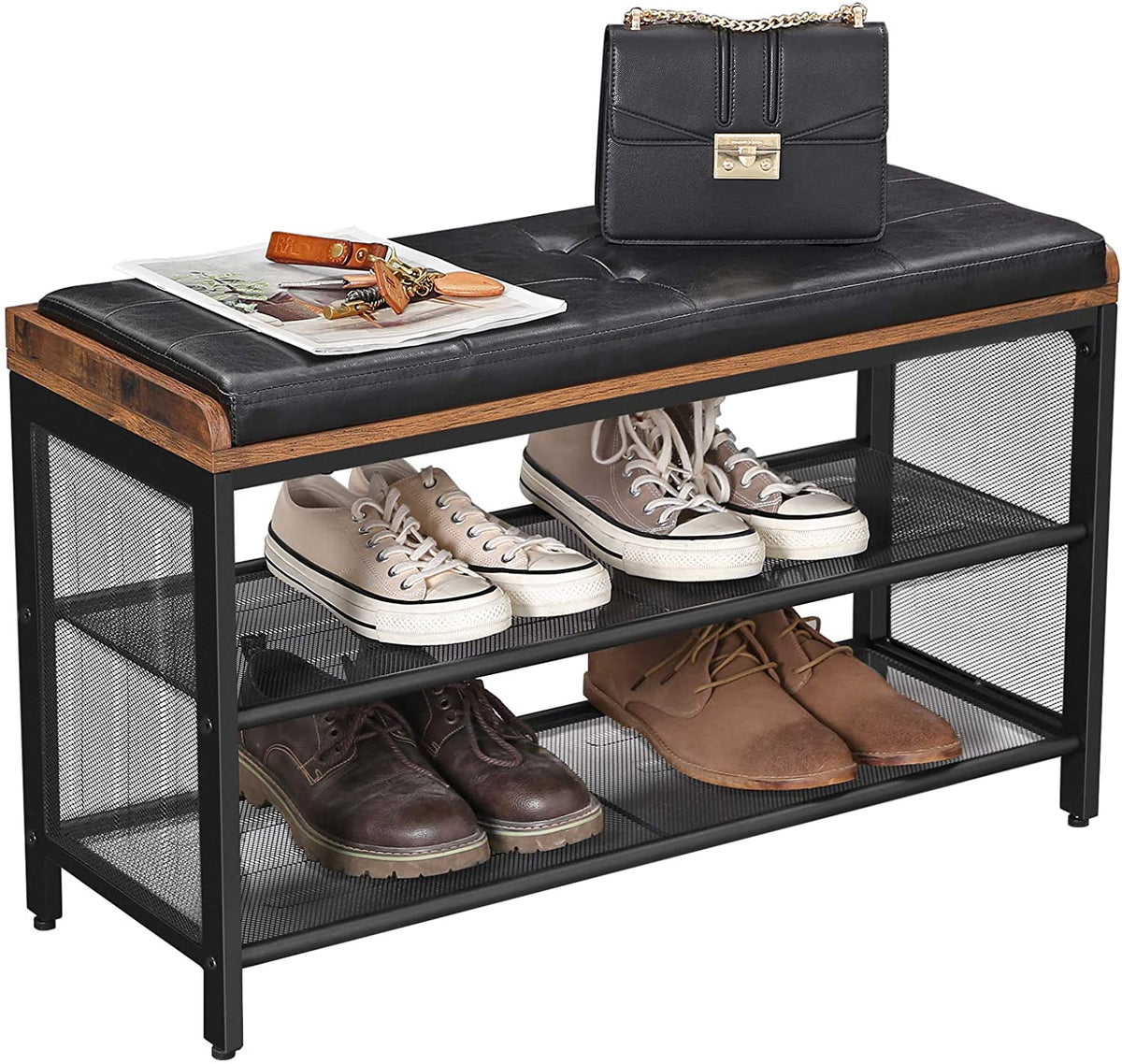 Shoe Bench with Mesh Shelf and Faux Leather Vintage Brown