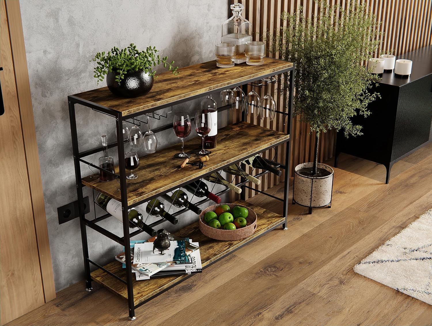 CARLA HOME Large Wine Rack with Glass Holder, Metal Designed Bottle Holder and Wood Countertop for Wine & Champagne