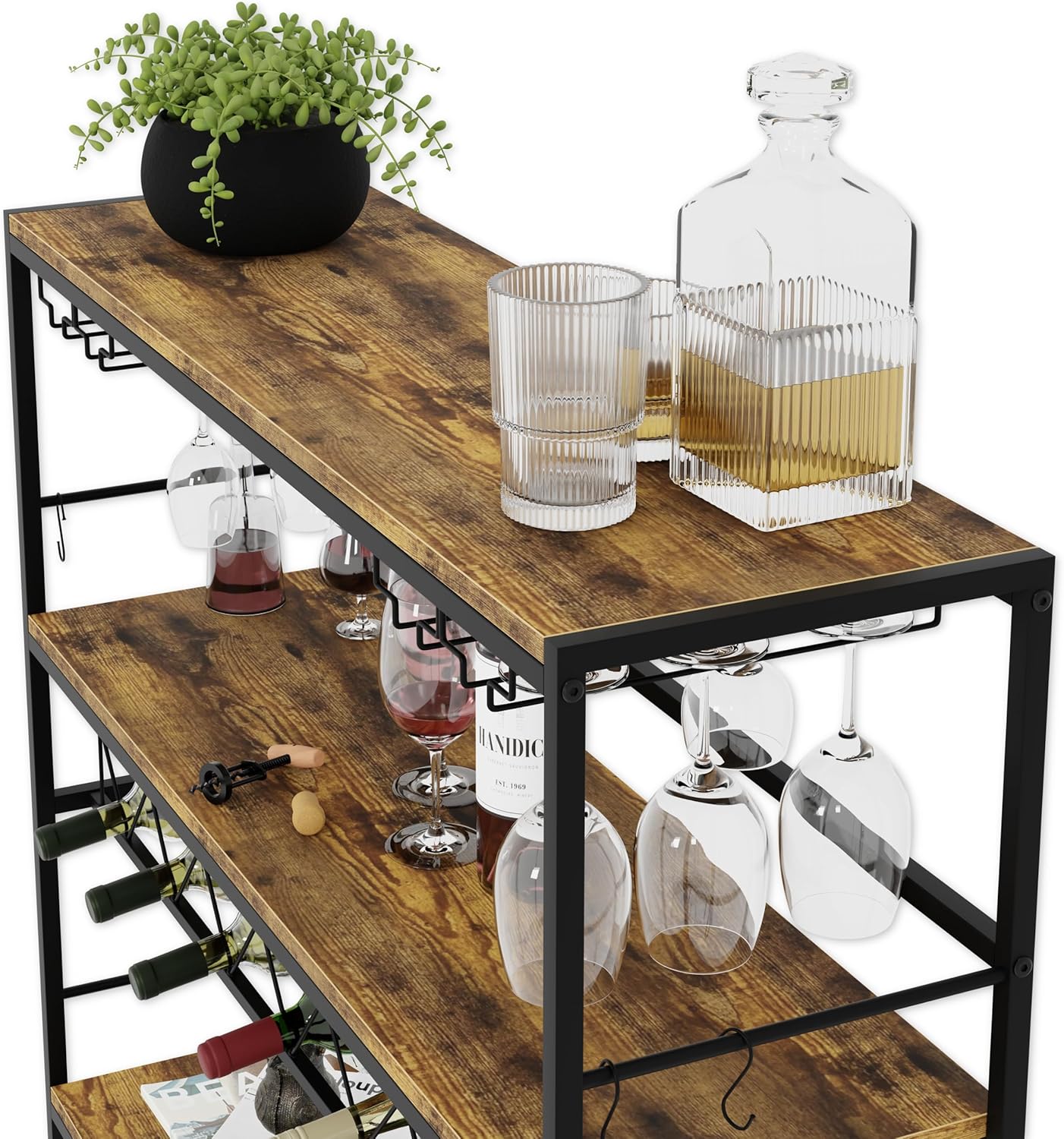 CARLA HOME Large Wine Rack with Glass Holder, Metal Designed Bottle Holder and Wood Countertop for Wine & Champagne